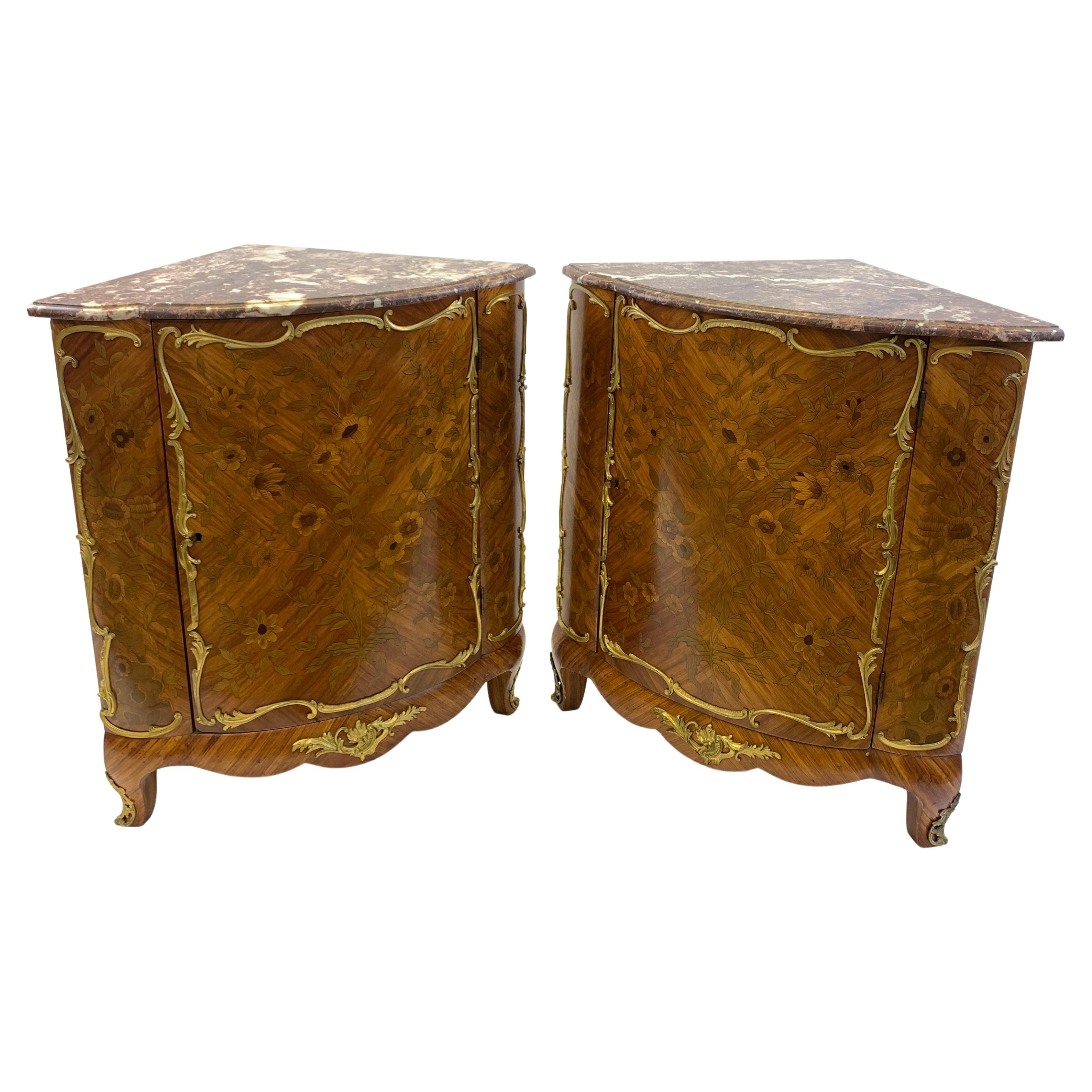 Pair of French Parquetry Corner Cabinets, 19th Century