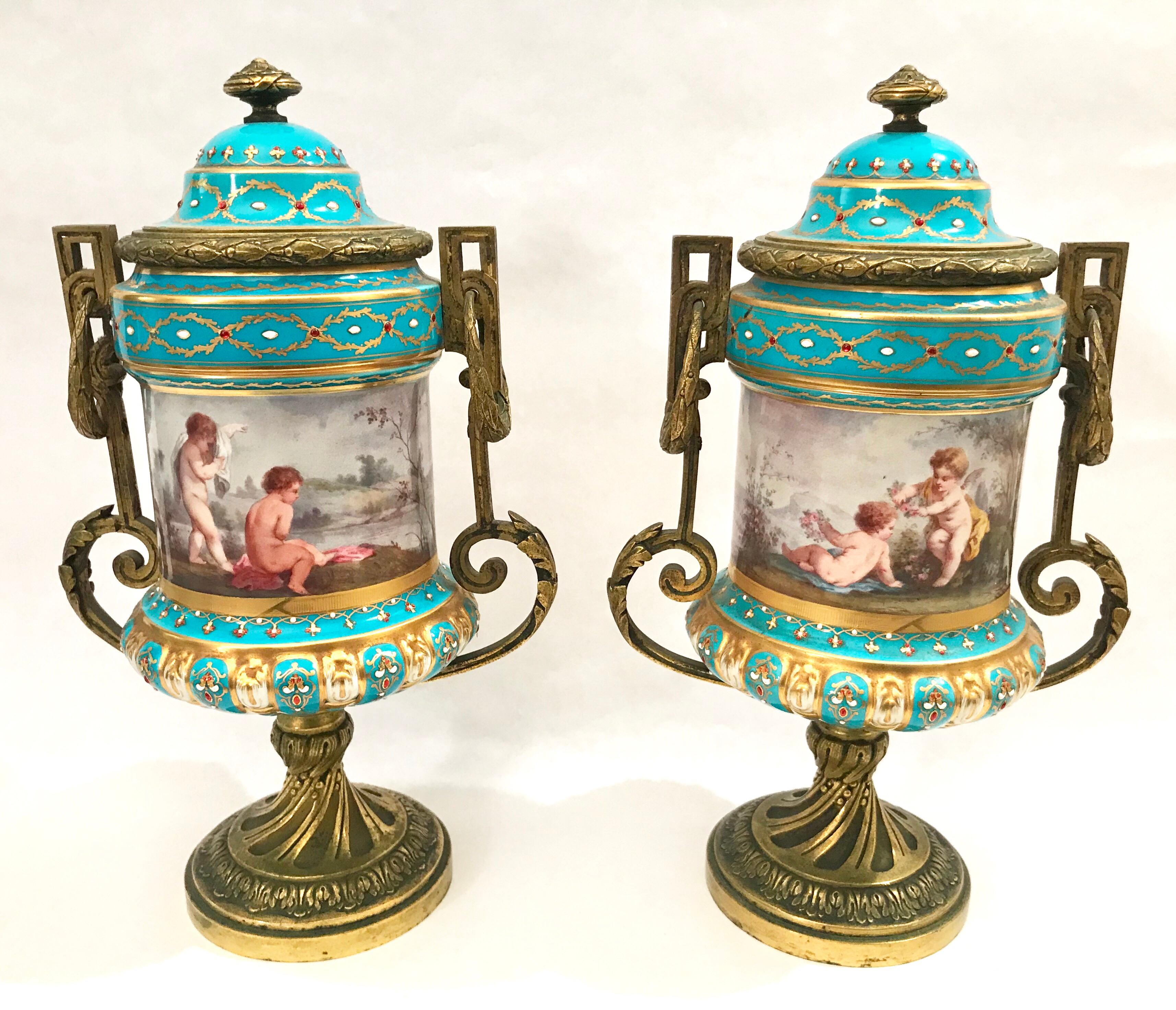 Pair of French Gilt Bronze Mounted Porcelain Lidded Urns For Sale 6