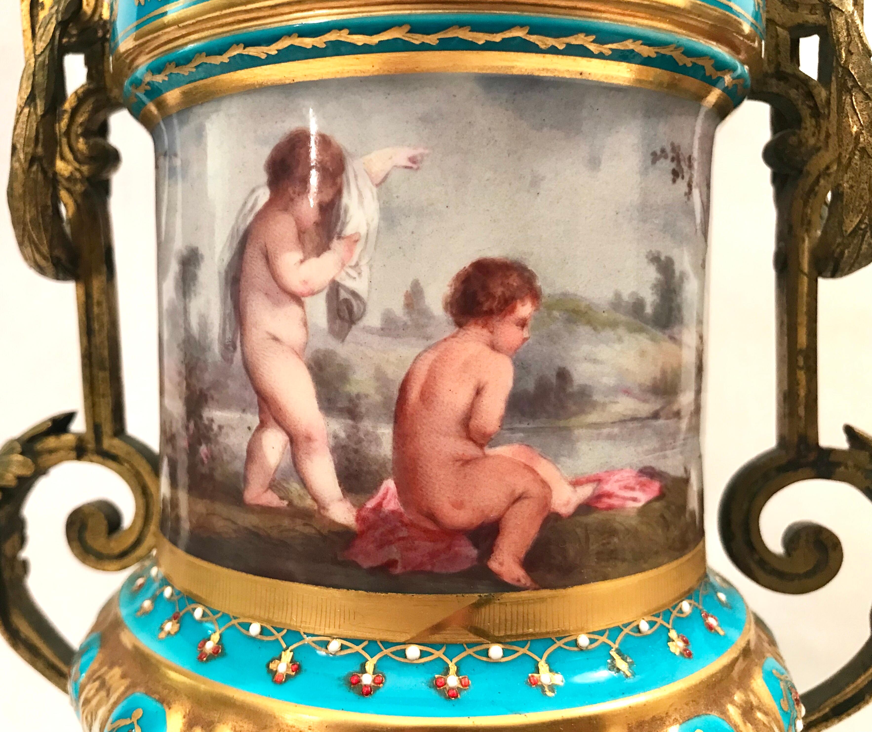 Pair of French Gilt Bronze Mounted Porcelain Lidded Urns For Sale 7