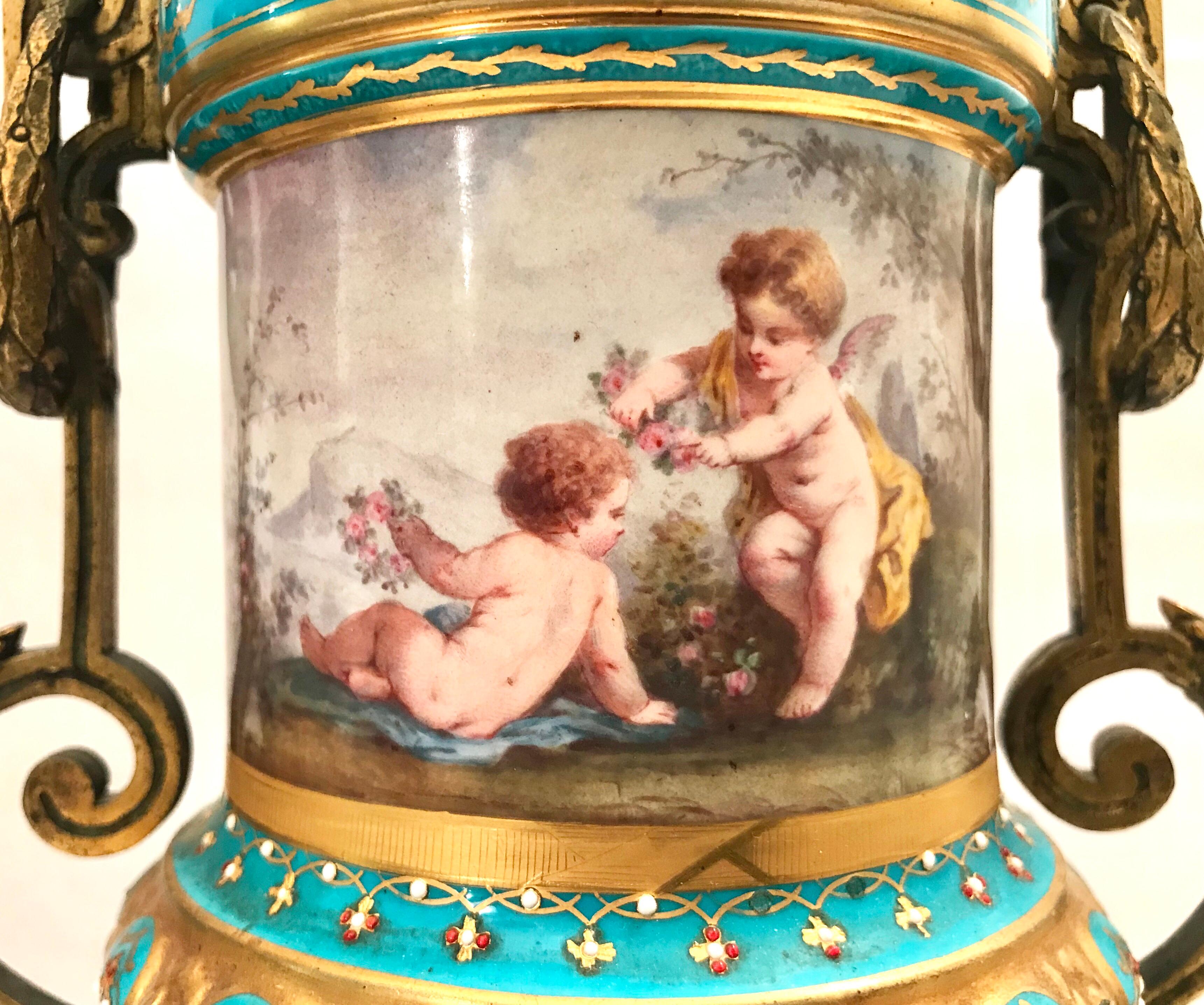 Pair of French Gilt Bronze Mounted Porcelain Lidded Urns For Sale 8