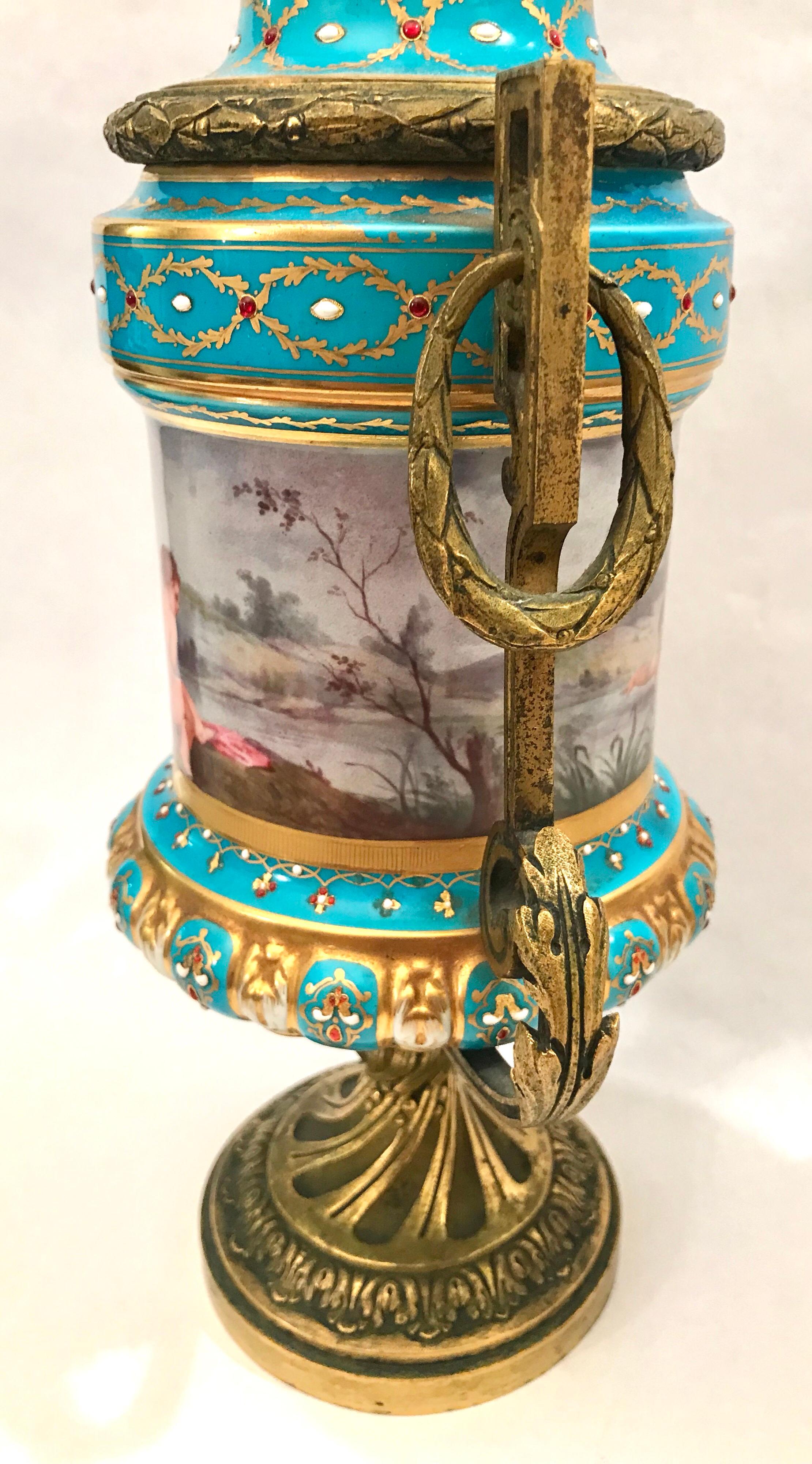 Pair of French Gilt Bronze Mounted Porcelain Lidded Urns For Sale 9