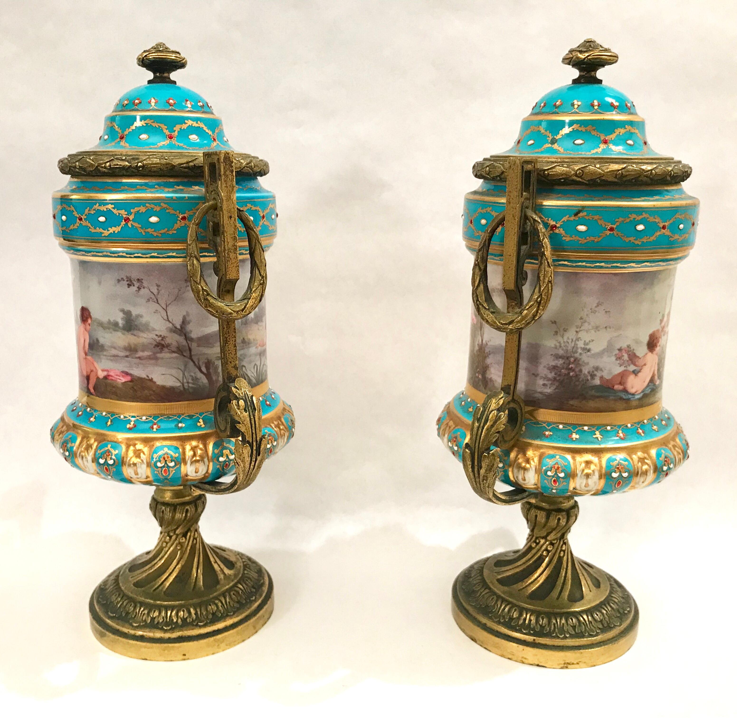 Pair of French Gilt Bronze Mounted Porcelain Lidded Urns For Sale 10