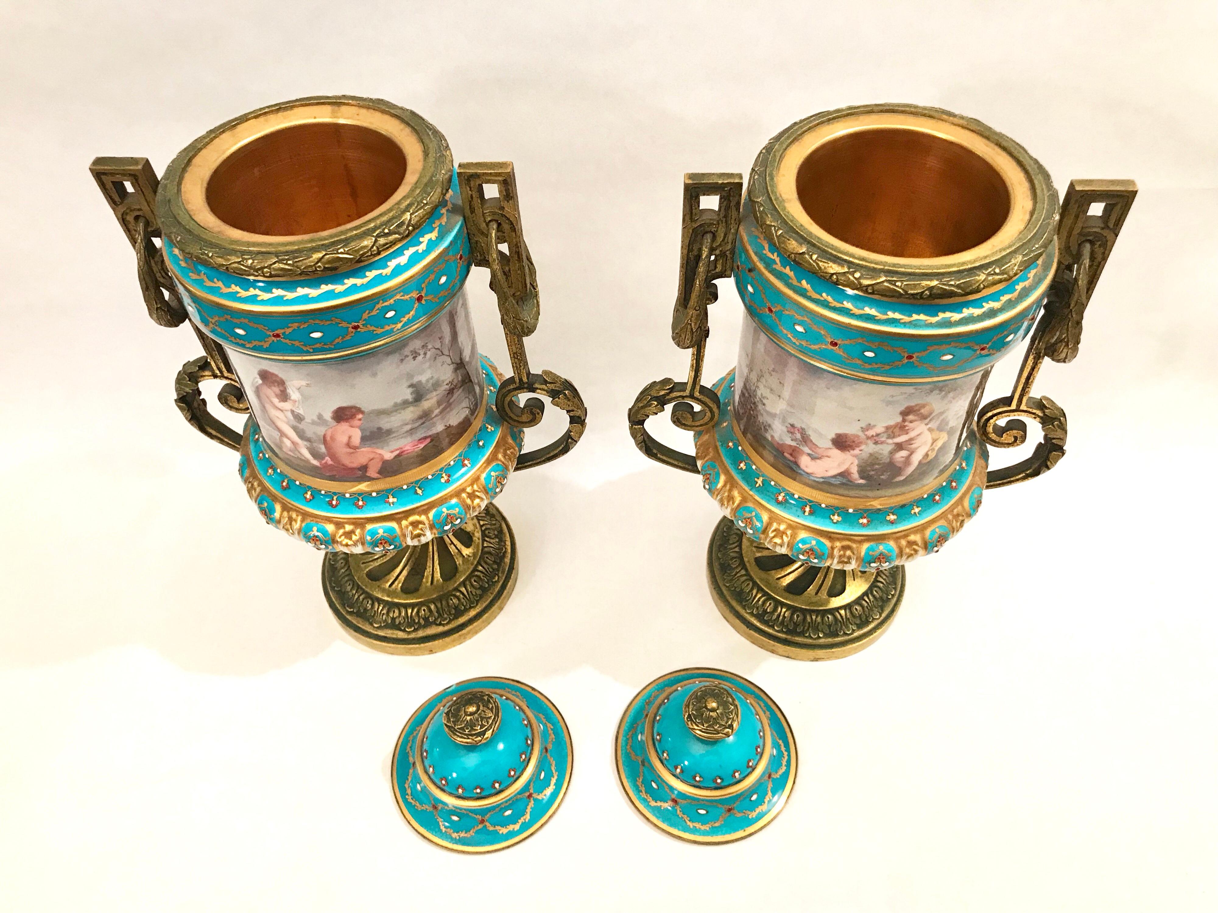 Pair of French Gilt Bronze Mounted Porcelain Lidded Urns For Sale 11
