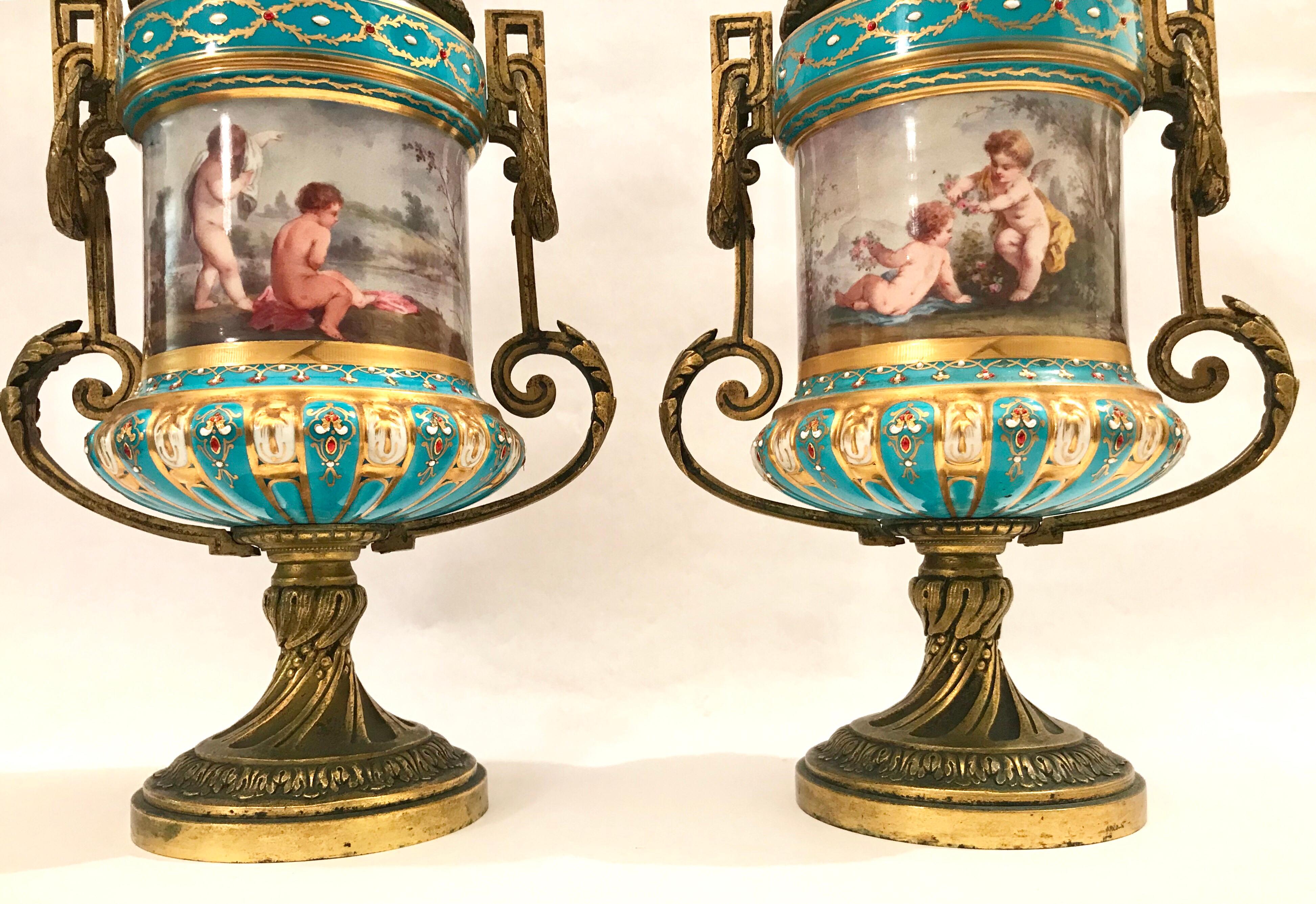Pair of French Gilt Bronze Mounted Porcelain Lidded Urns For Sale 16