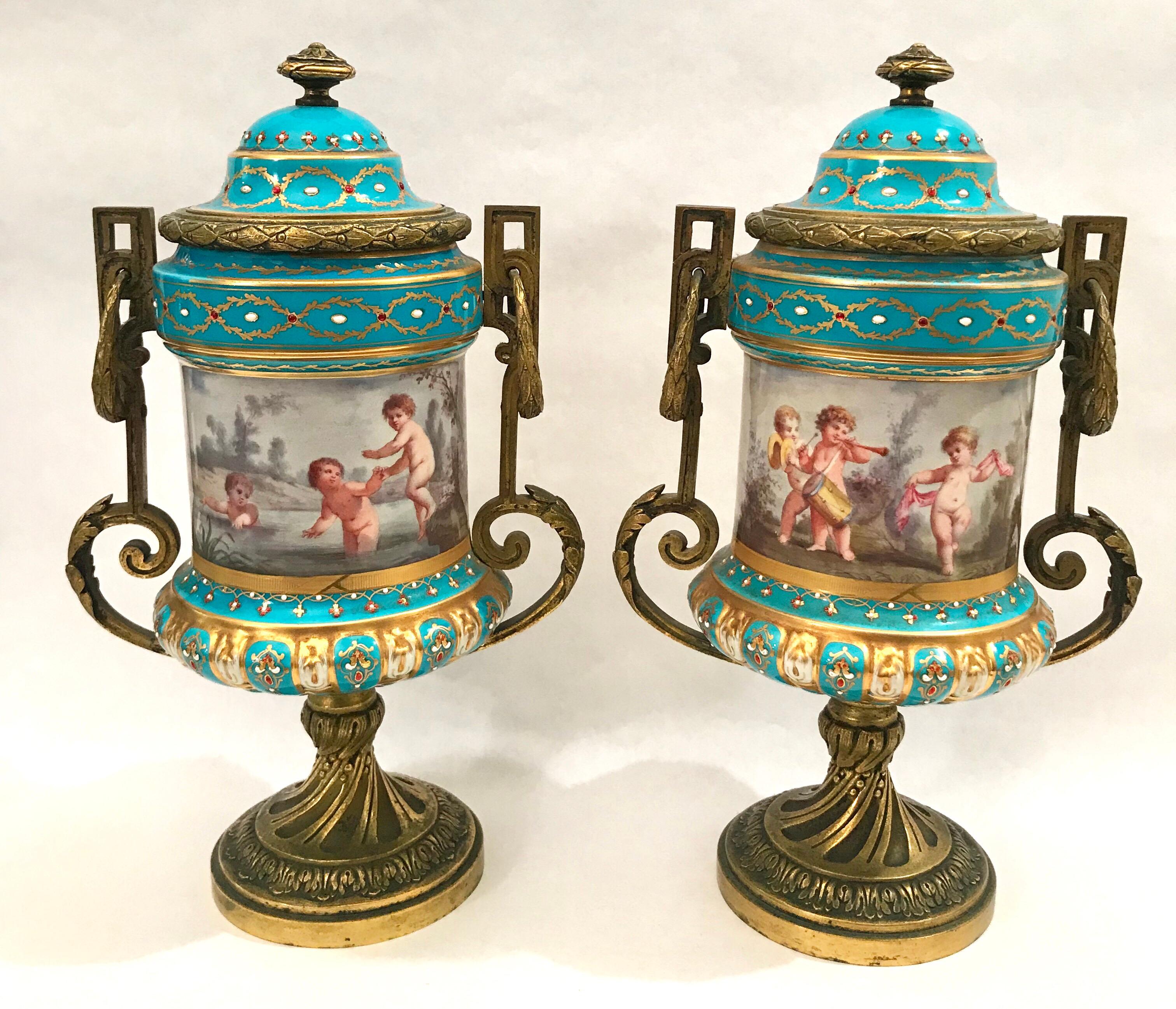 19th Century Pair of French Gilt Bronze Mounted Porcelain Lidded Urns For Sale