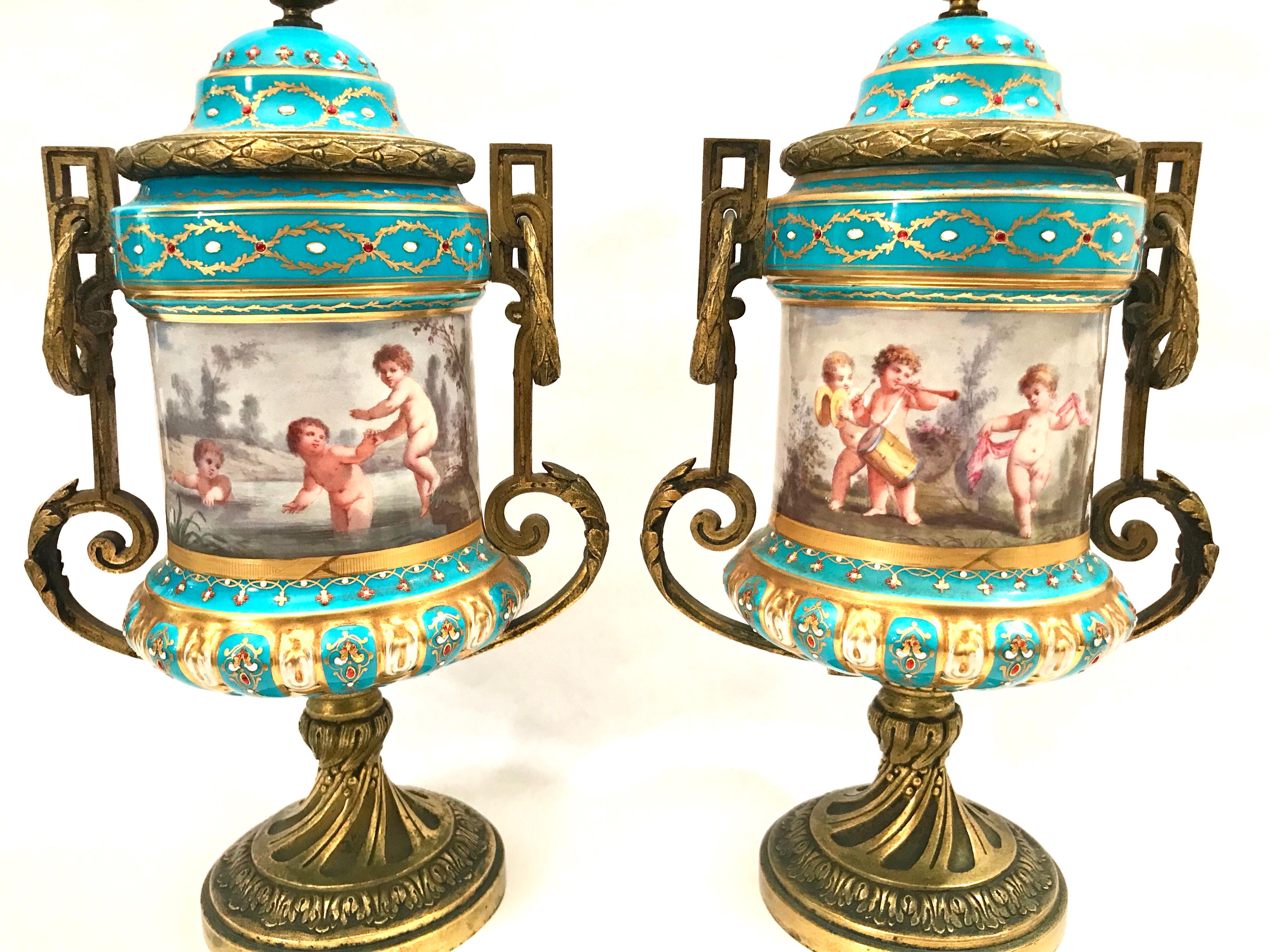 Pair of French Gilt Bronze Mounted Porcelain Lidded Urns For Sale 1