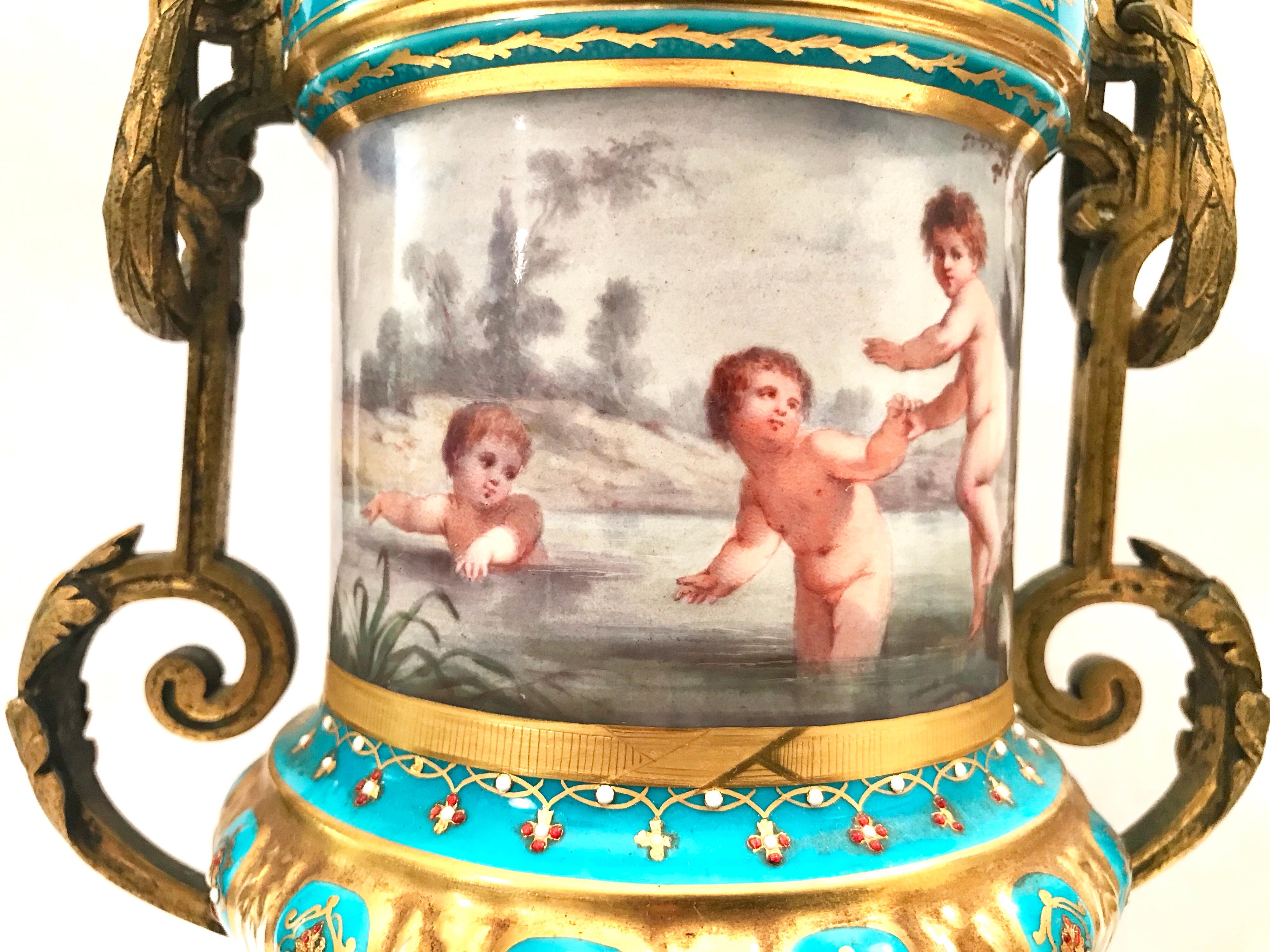 Pair of French Gilt Bronze Mounted Porcelain Lidded Urns For Sale 2