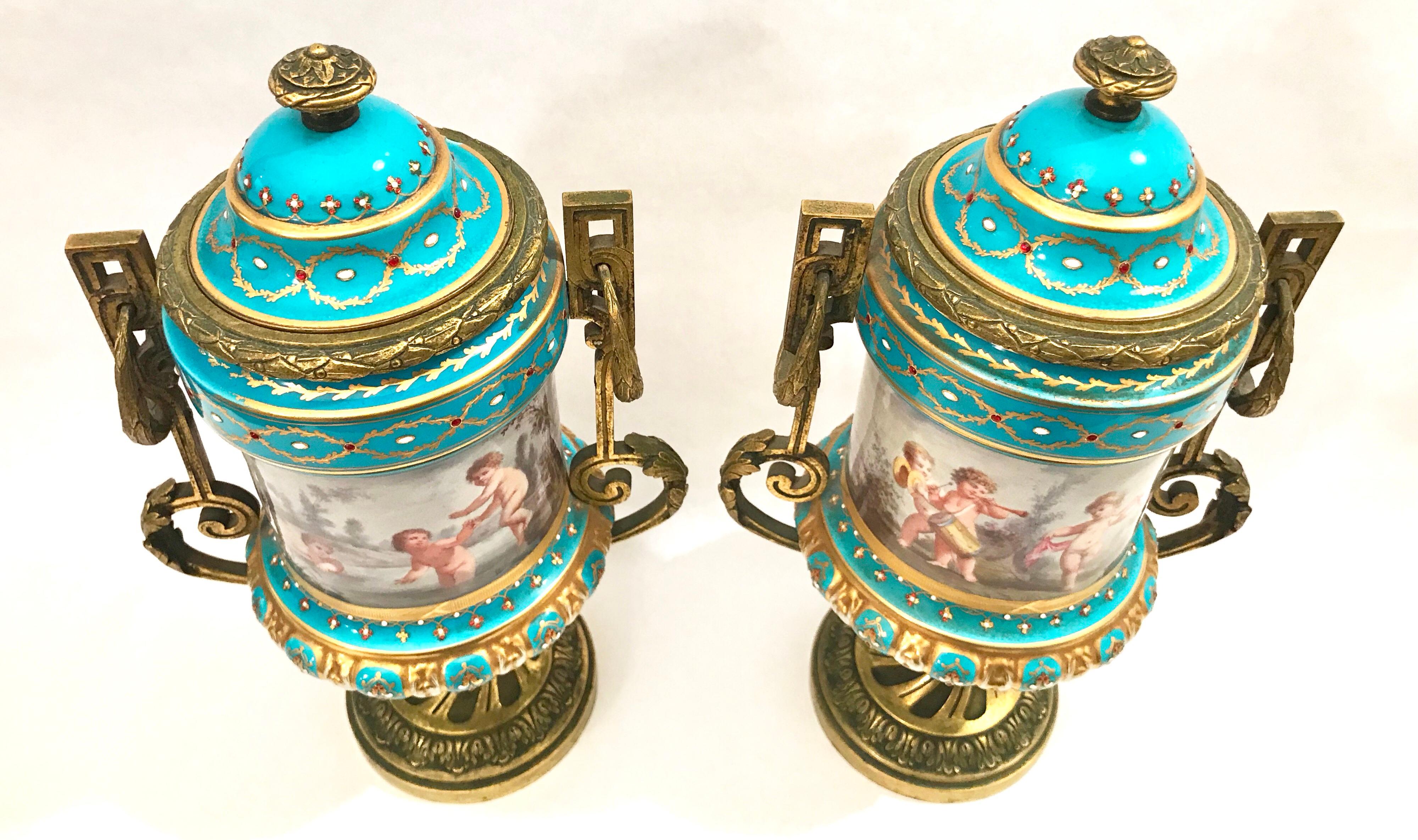 Pair of French Gilt Bronze Mounted Porcelain Lidded Urns For Sale 4