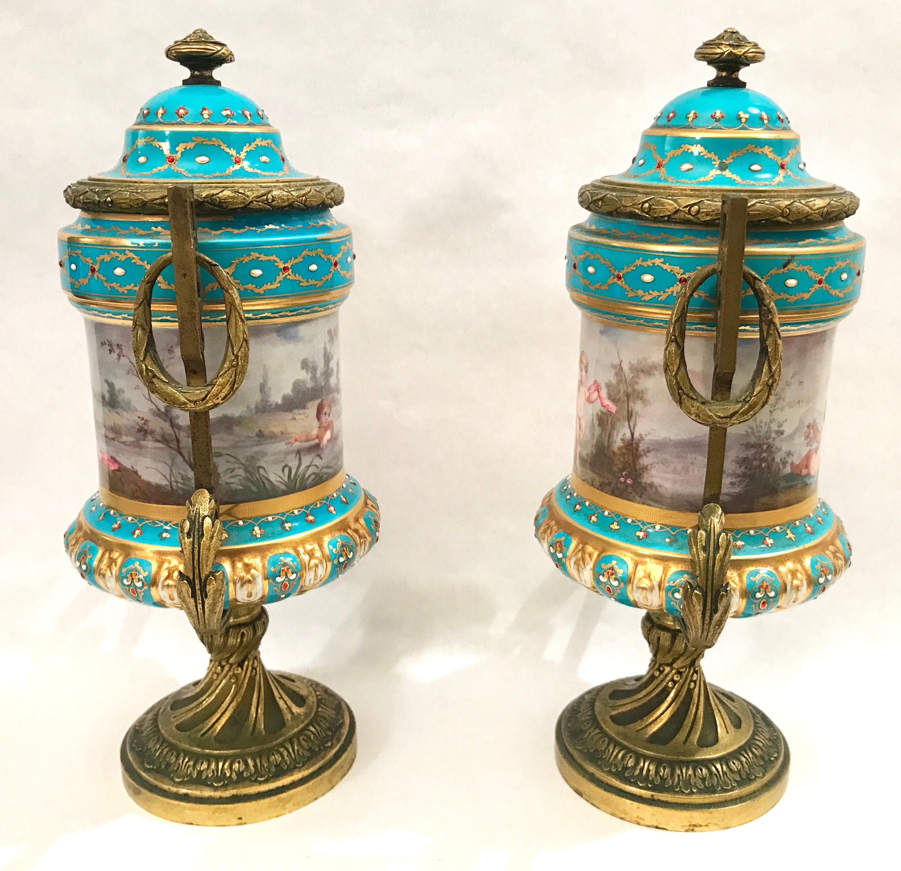 Pair of French Gilt Bronze Mounted Porcelain Lidded Urns For Sale 5