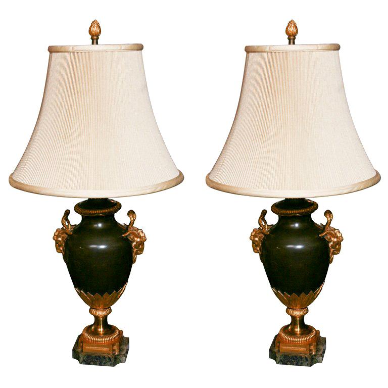 Pair of French Patinated and Gilded  Bronze Urn Lamps