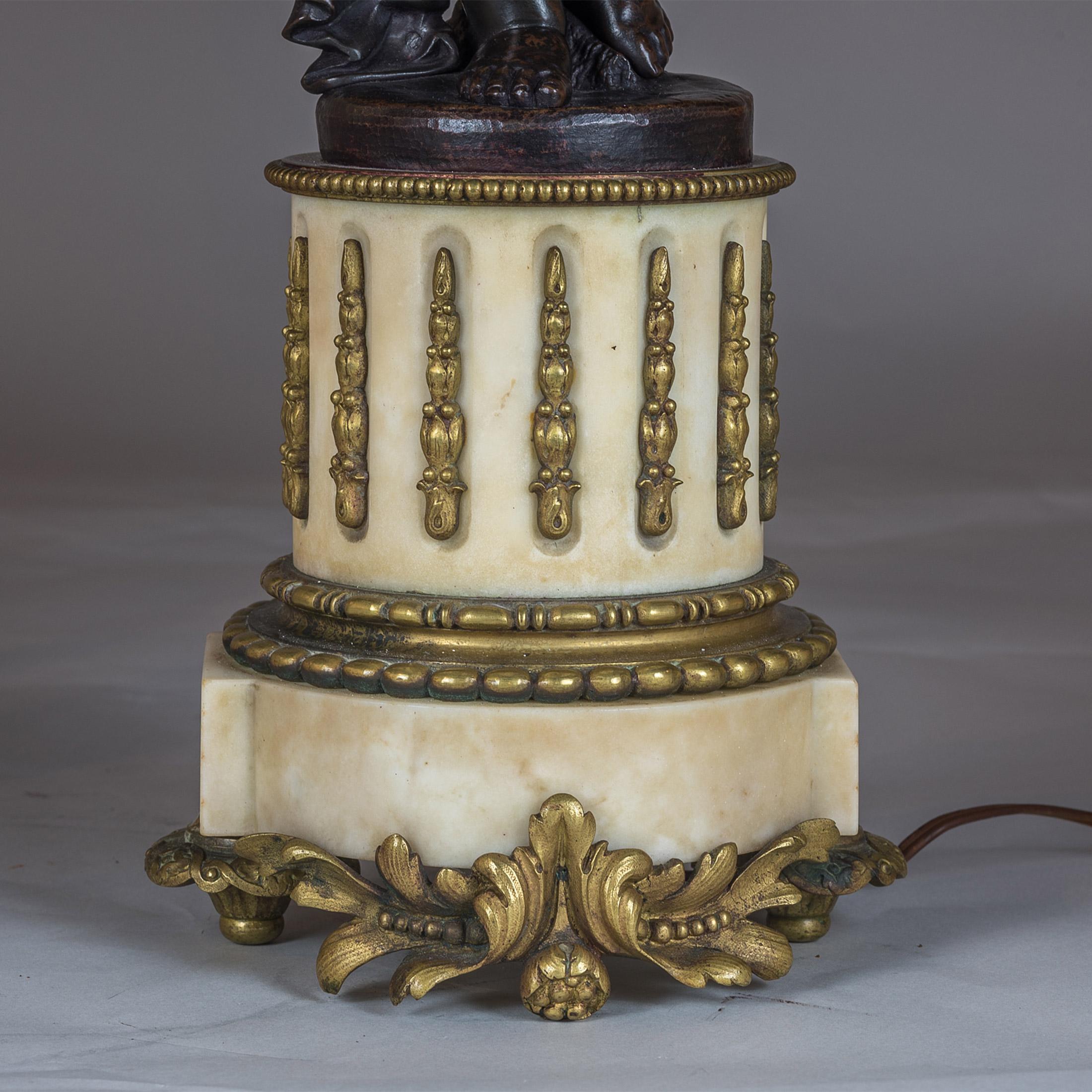 Pair of French Patinated Bronze and Gilt-Metal and Alabaster Figural Lamps For Sale 1