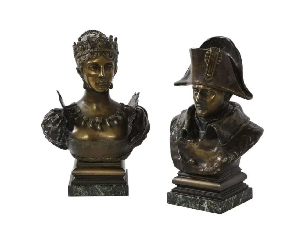 A pair of French patinated bronze busts of Napoleon and Empress Josephine, on green marble bases, late 19th century.

Very nice quality, and a good pair of sculptures for any room.

Measures: 17