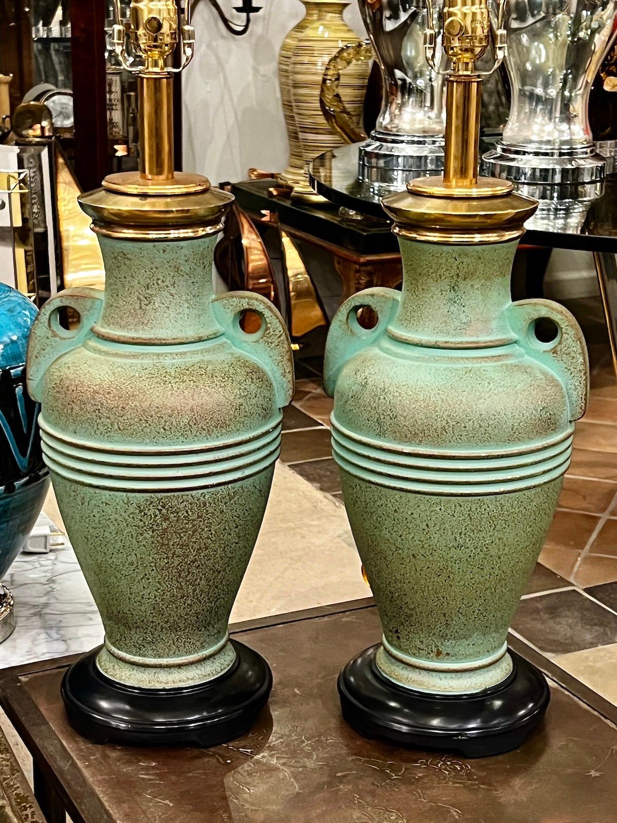 Pair of French Patinated Bronze Lamps For Sale 2