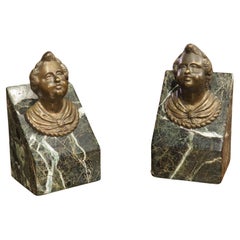 Pair of French Patinated Bronze Putti Heads On Sea Green Marble Plinths, C. 1700