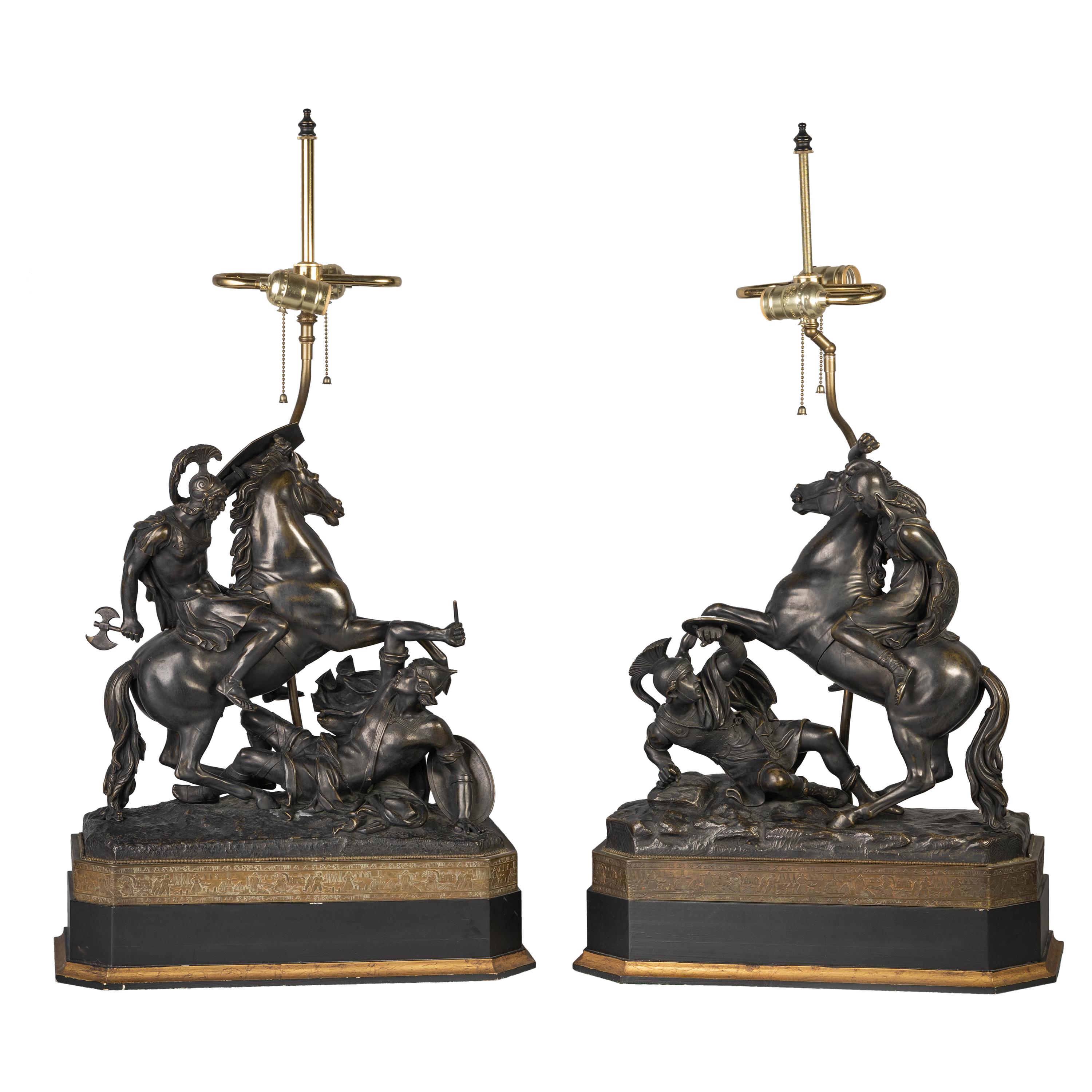 Pair of French Patinated Bronze Roman Equestrian Warrior Groups, 19th Century