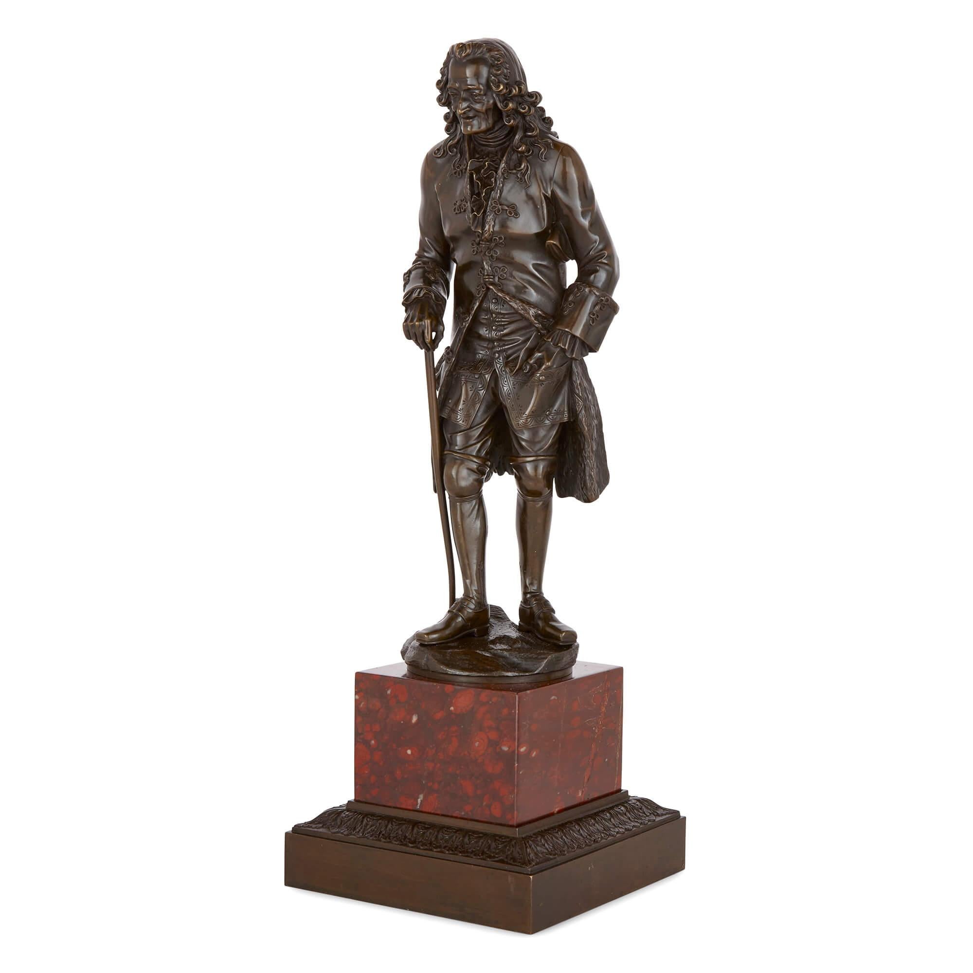 Pair of French patinated-bronze sculptures of Voltaire and Rousseau
French, Mid 19th century
Measures: Height 47/48cm, width 17cm, depth 17cm

These excellent sculptures depict the Enlightenment philosophers Voltaire and Rousseau, and are made