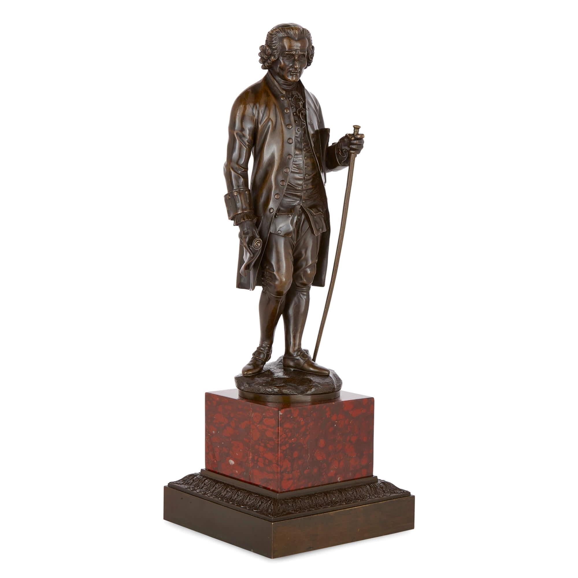 Pair of French Patinated-Bronze Sculptures of Voltaire and Rousseau In Good Condition For Sale In London, GB