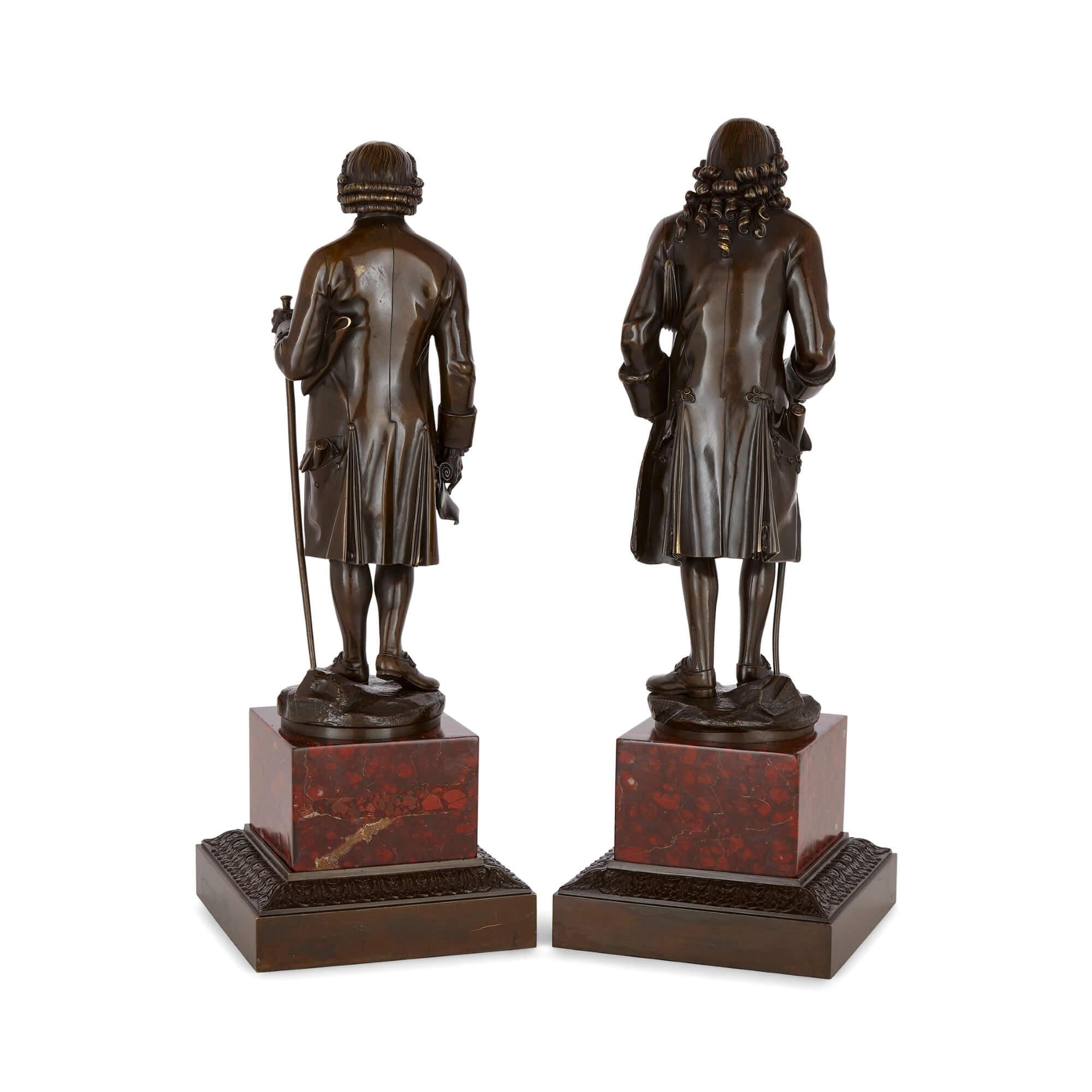 Pair of French Patinated-Bronze Sculptures of Voltaire and Rousseau For Sale 2