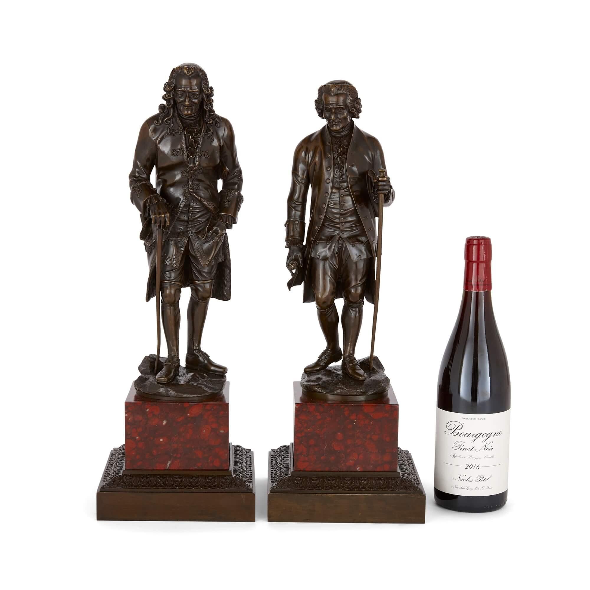 Pair of French Patinated-Bronze Sculptures of Voltaire and Rousseau For Sale 3