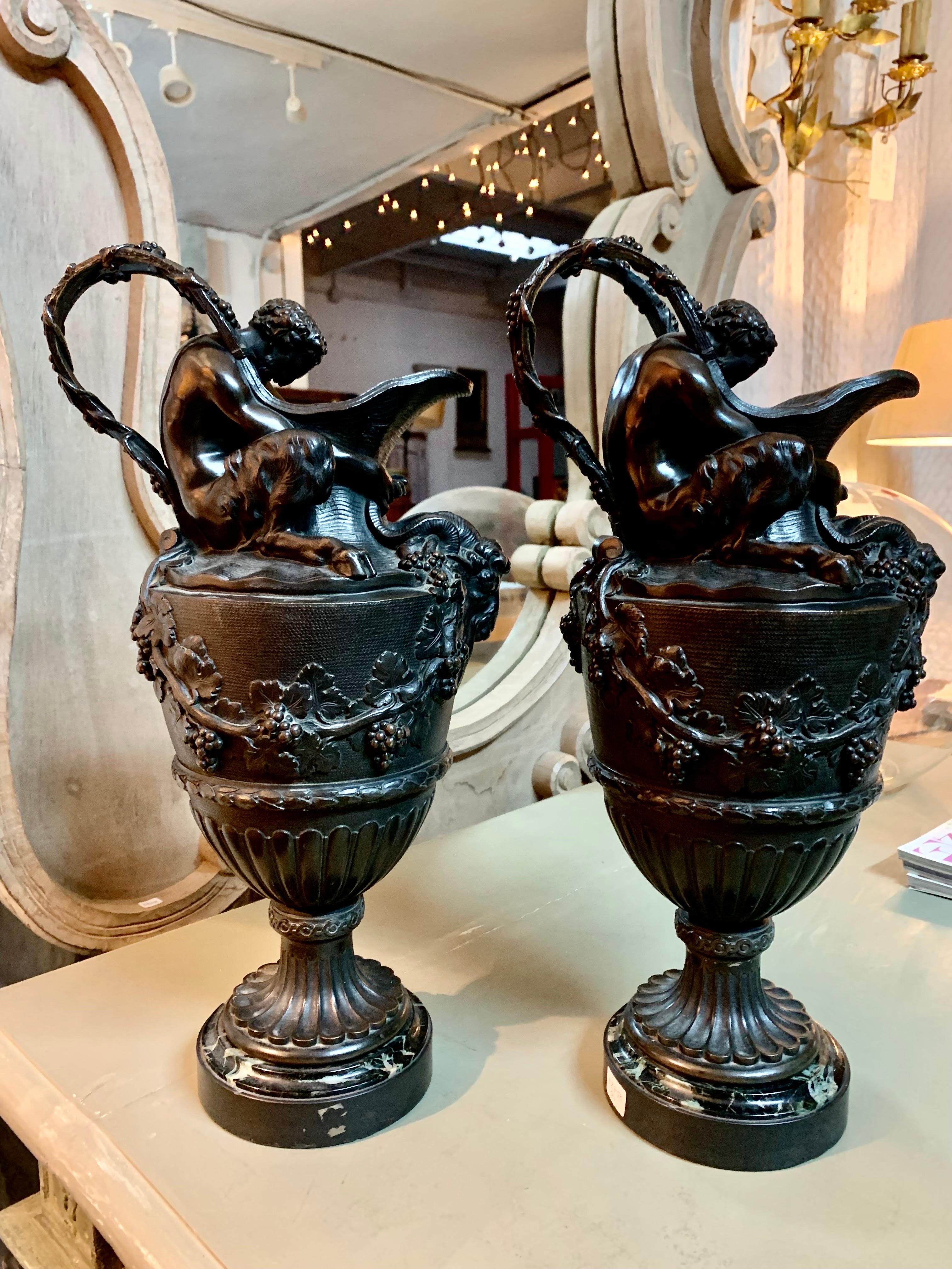 Pair of French Patinated Bronze Vases Urns Clodion Style For Sale 5