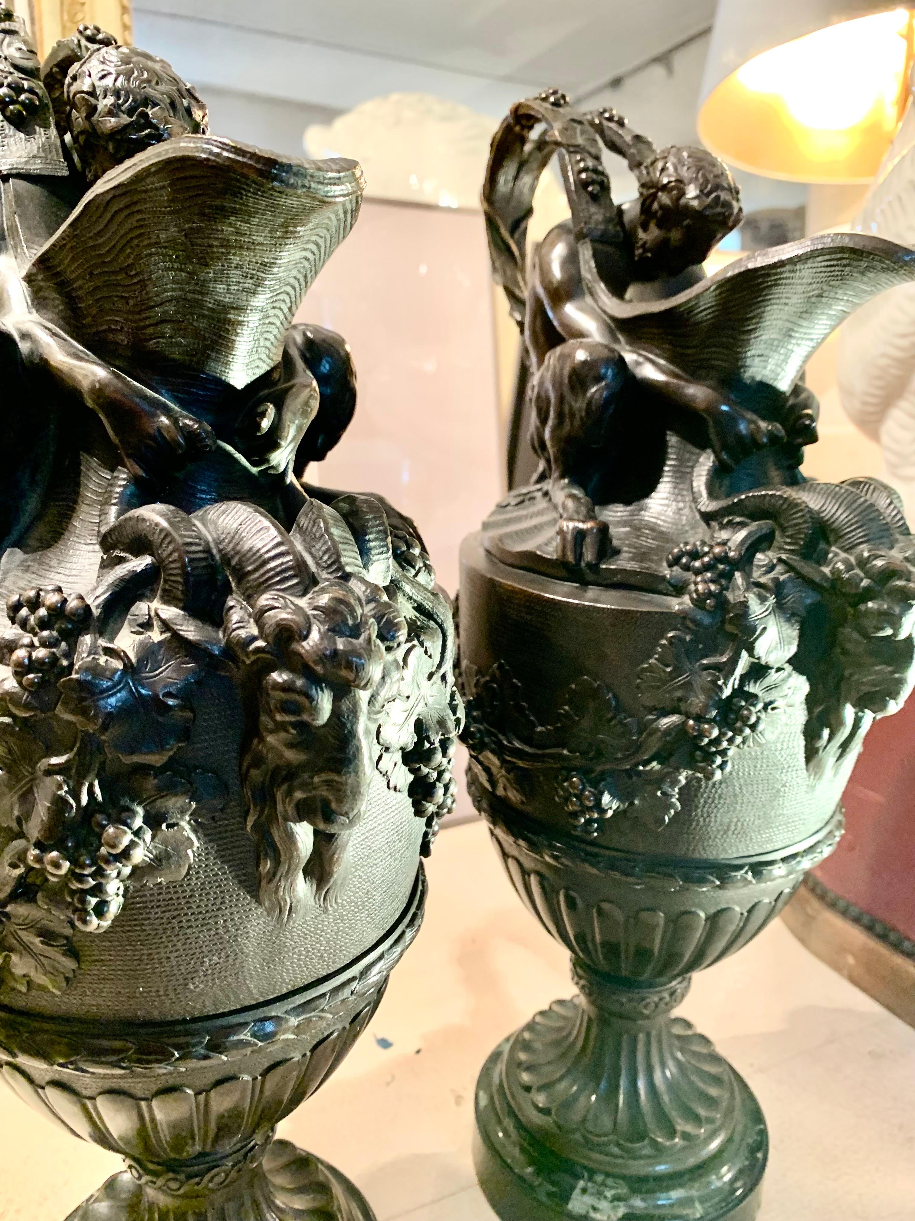 Pair of French Patinated Bronze Vases Urns Clodion Style For Sale 8