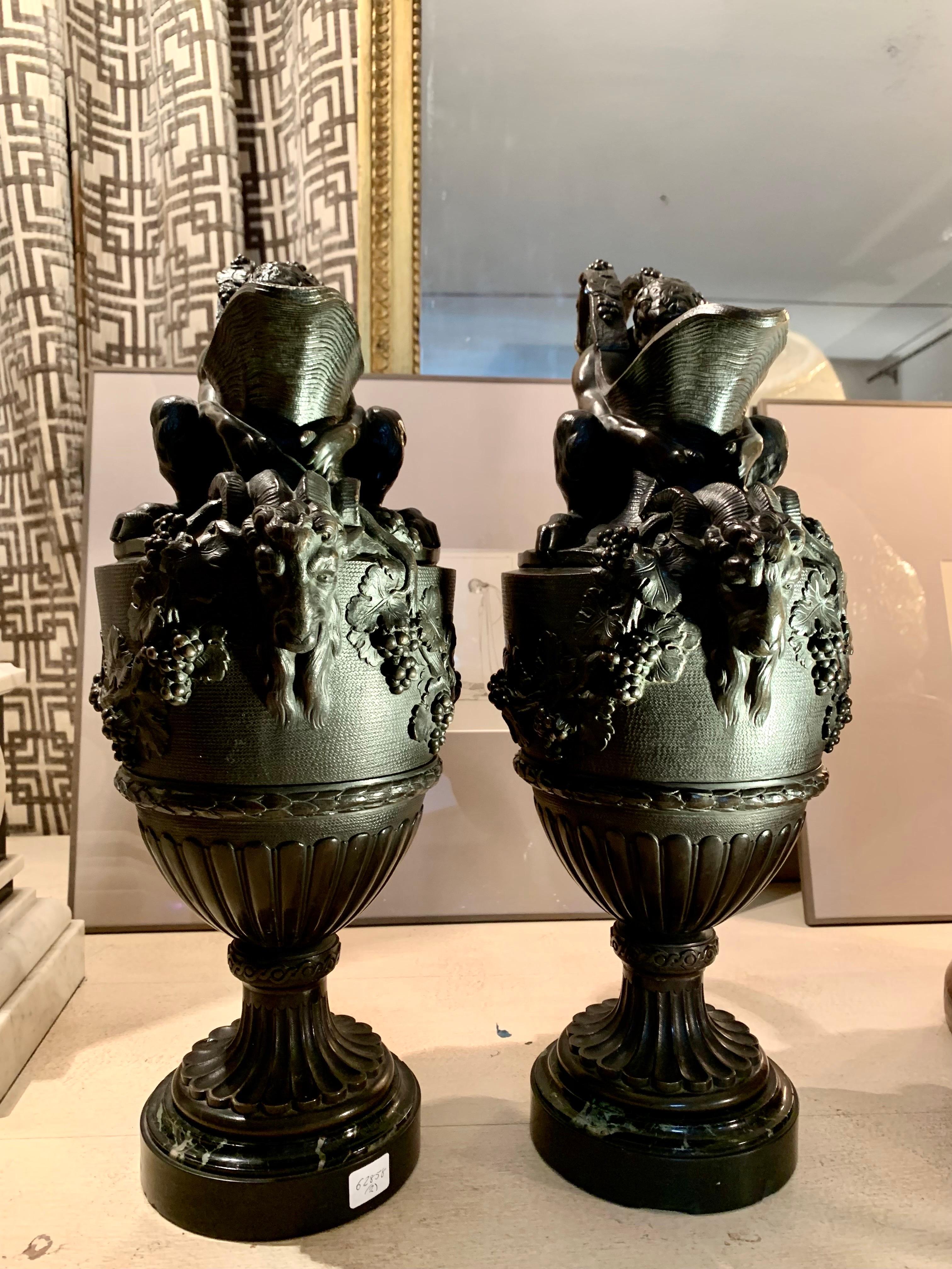 Pair of French Patinated Bronze Vases Urns Clodion Style For Sale 9