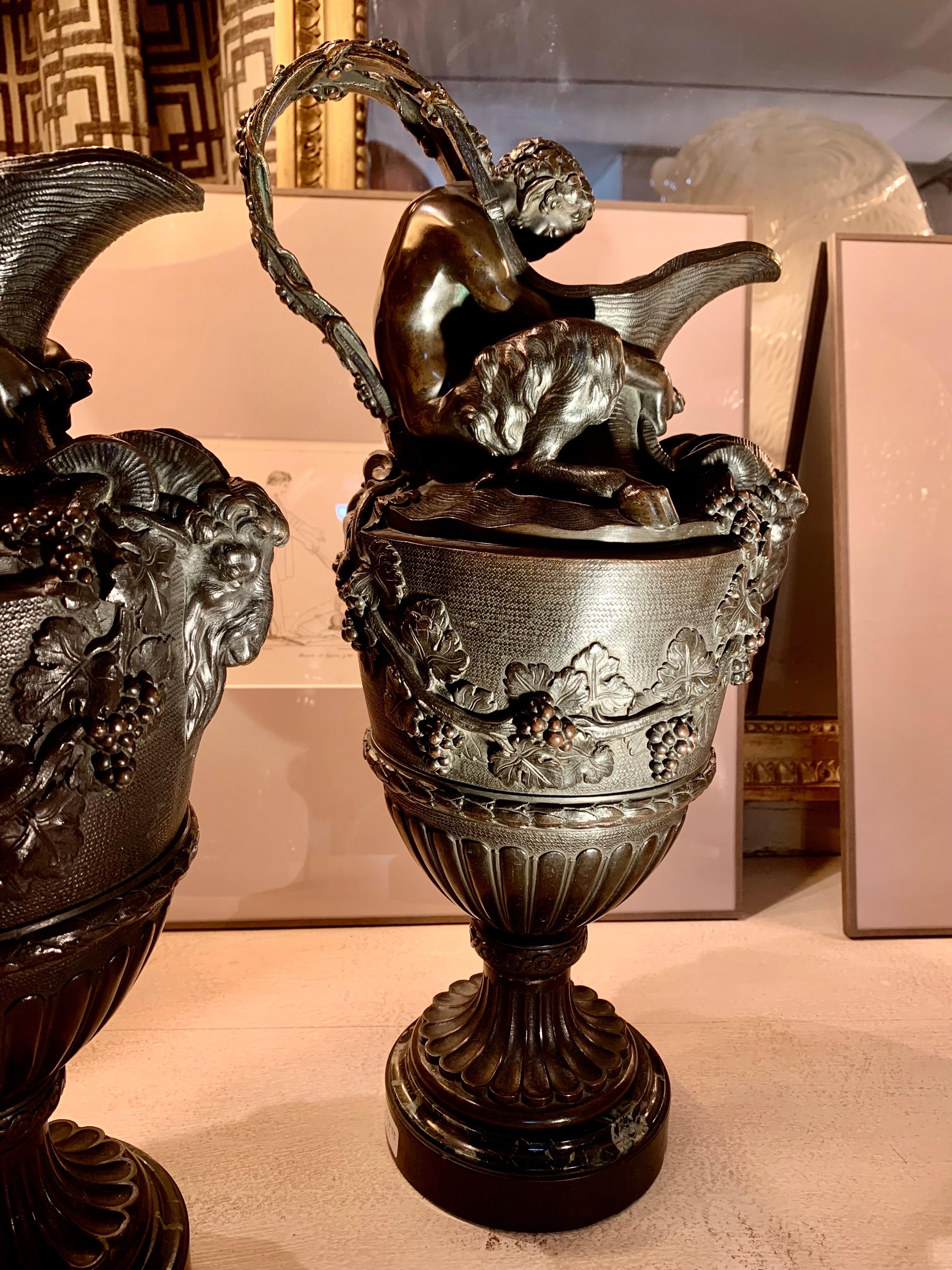 Pair of French Patinated Bronze Vases Urns Clodion Style For Sale 10