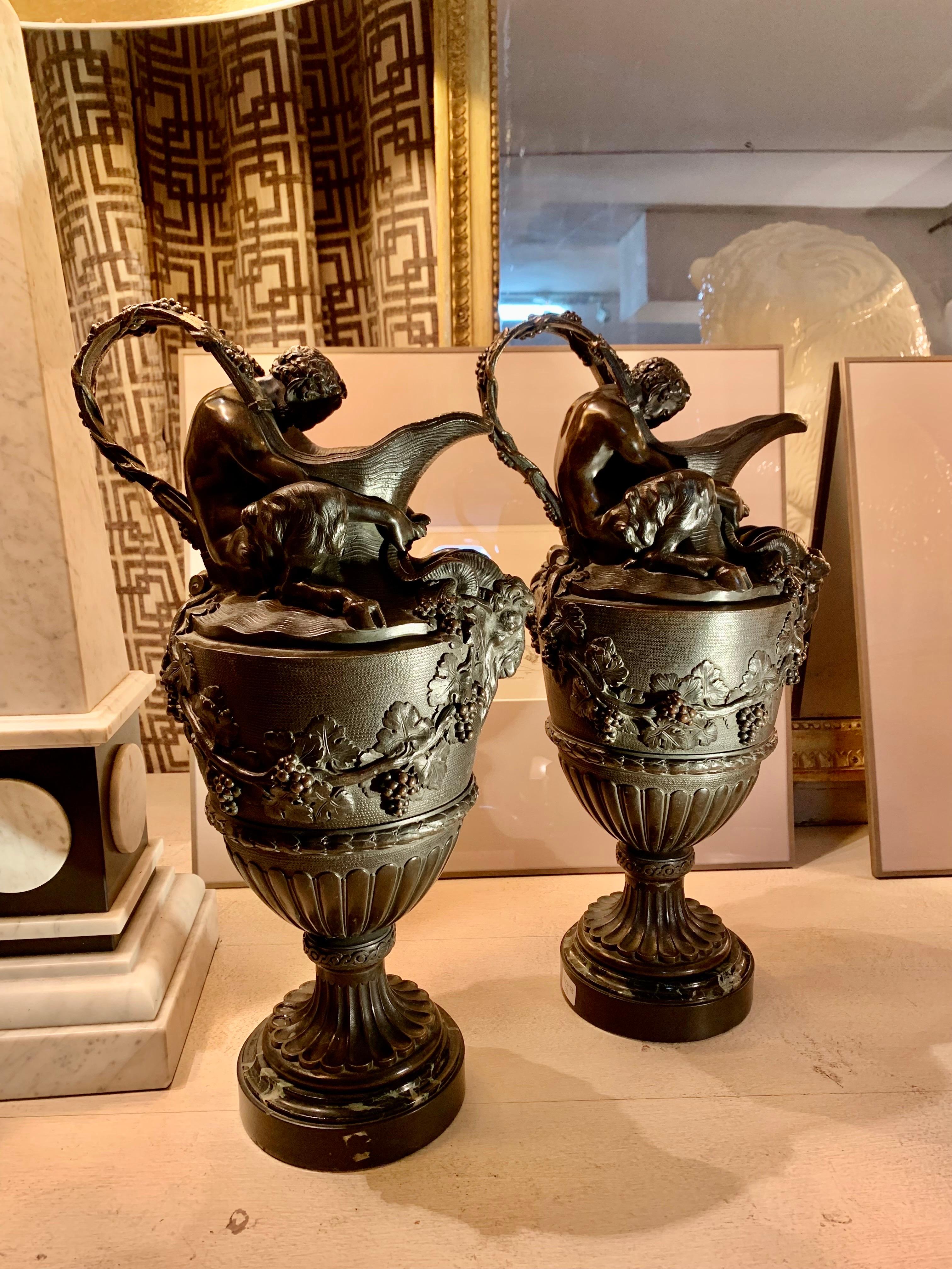 Pair of French Patinated Bronze Vases Urns Clodion Style For Sale 12