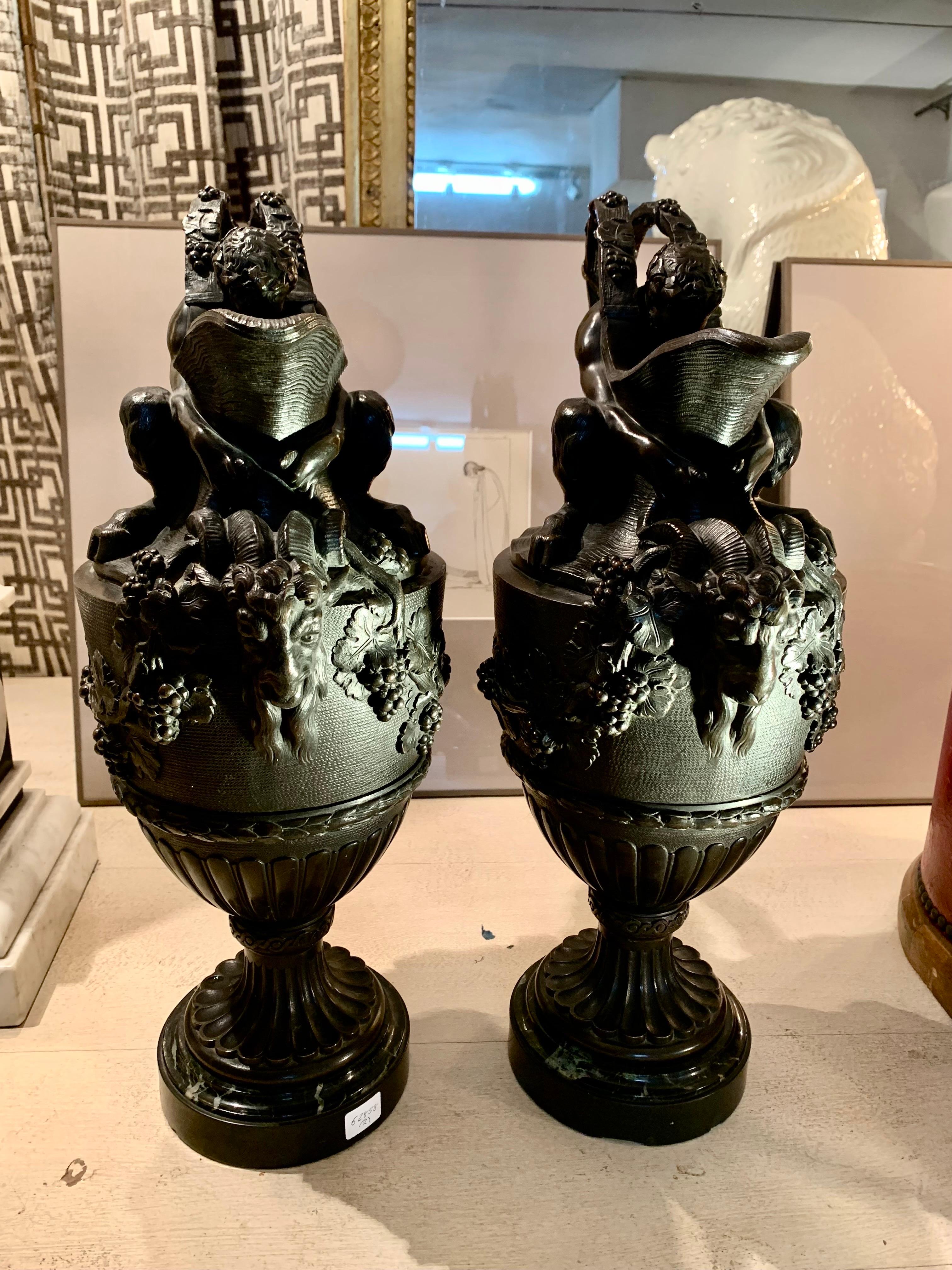Pair of French Patinated Bronze Vases Urns Clodion Style For Sale 13