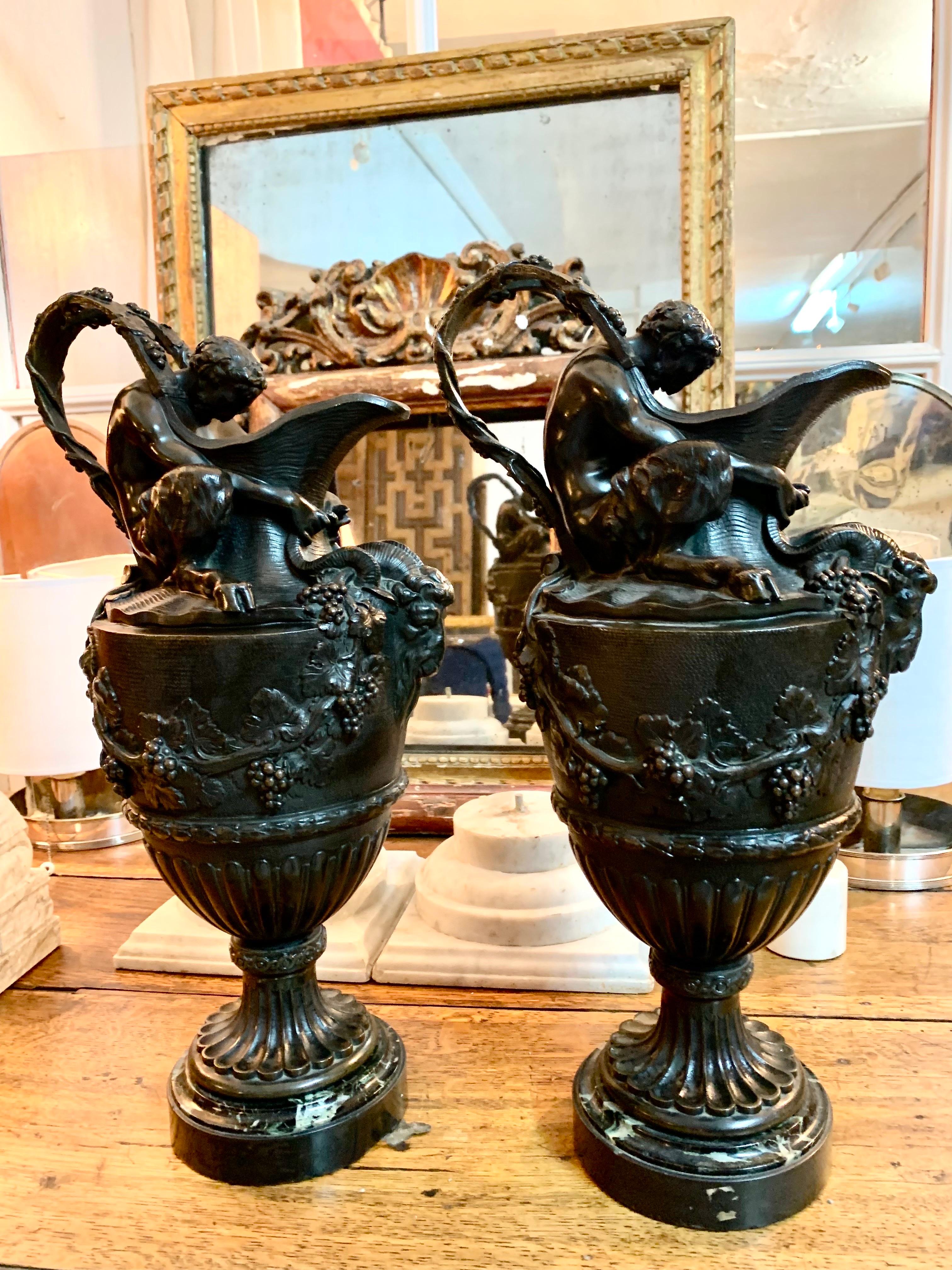 Pair of French Patinated Bronze Vases Urns Clodion Style For Sale 15