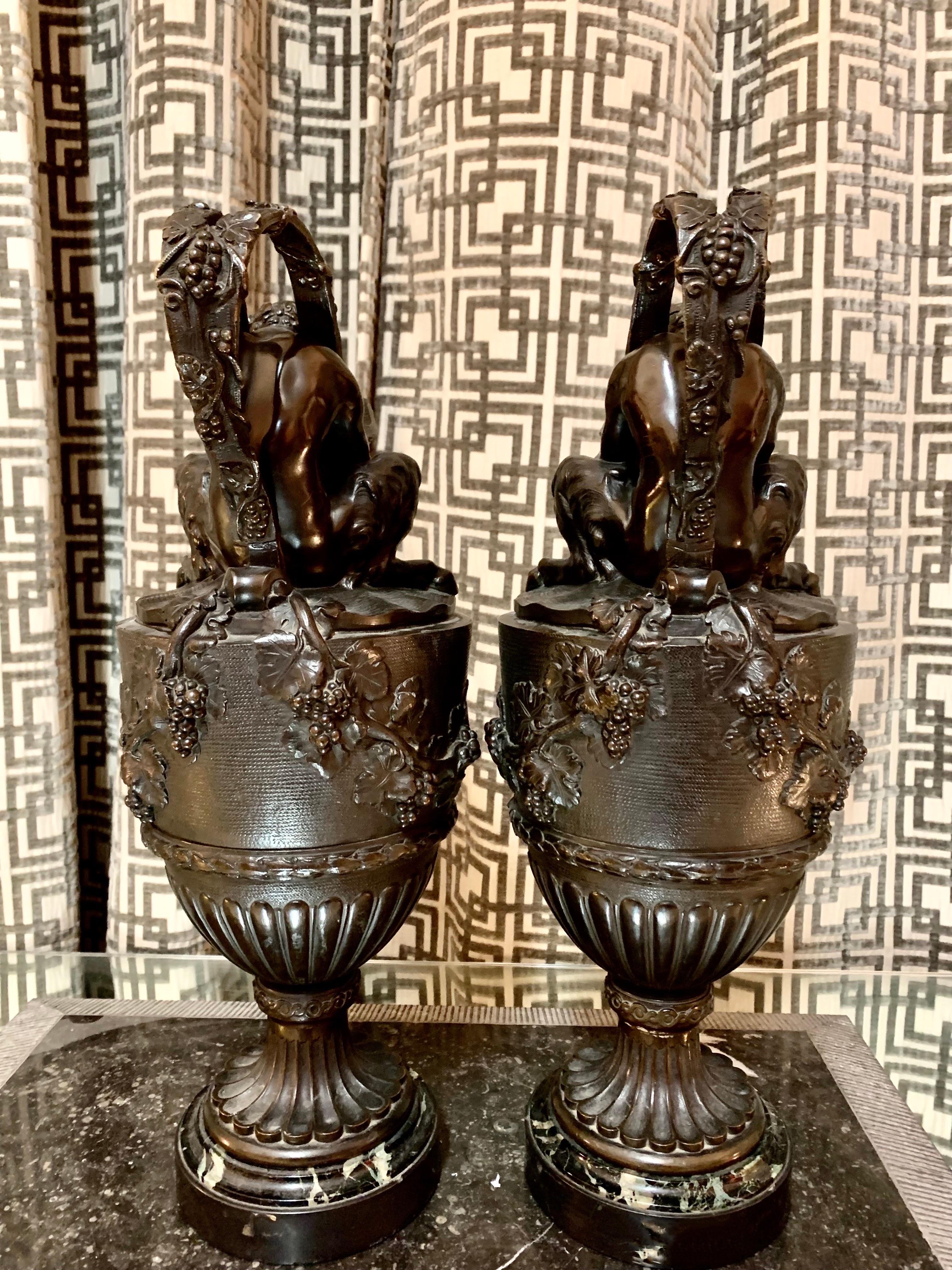 Renaissance Revival Pair of French Patinated Bronze Vases Urns Clodion Style For Sale