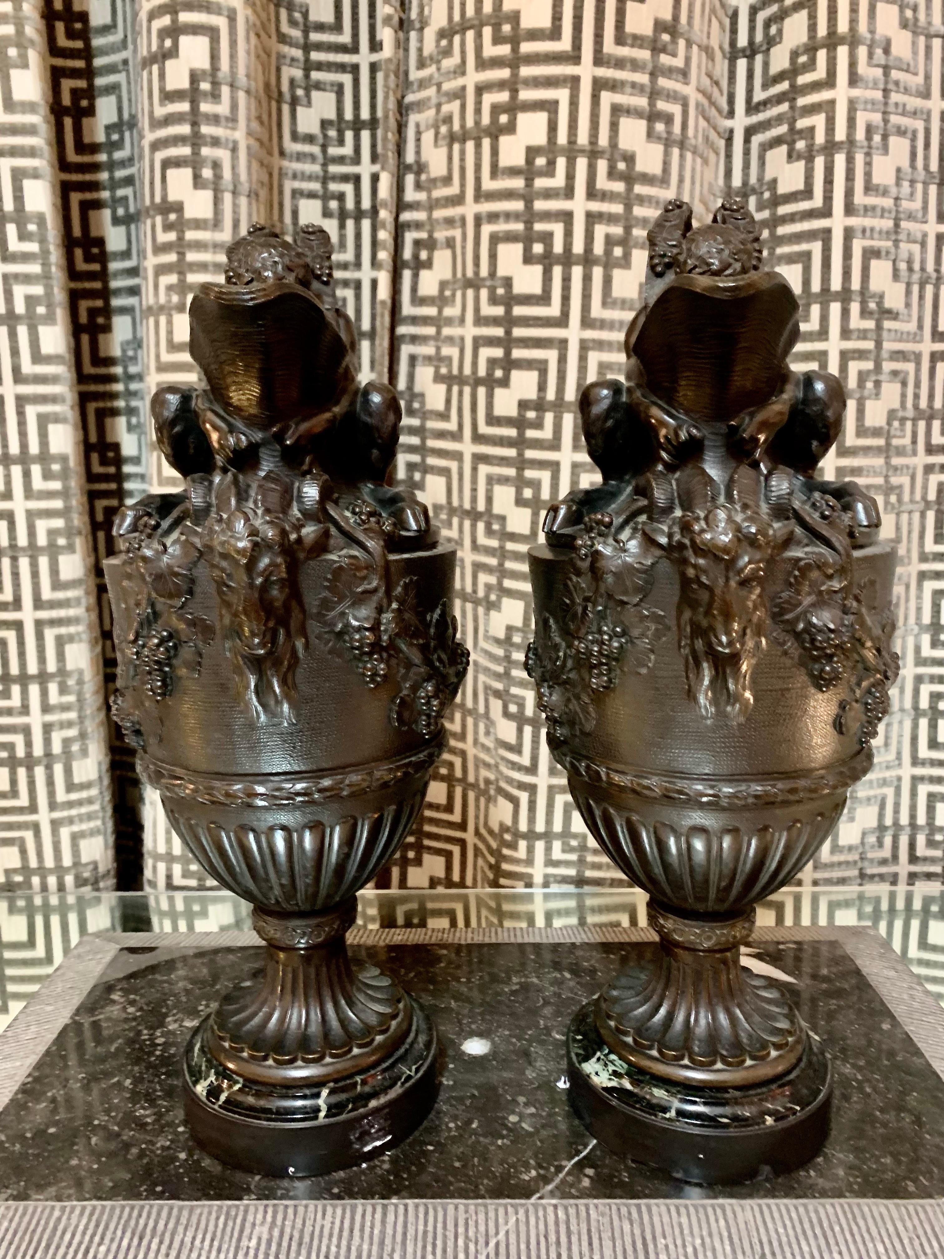 Pair of French Patinated Bronze Vases Urns Clodion Style For Sale 3