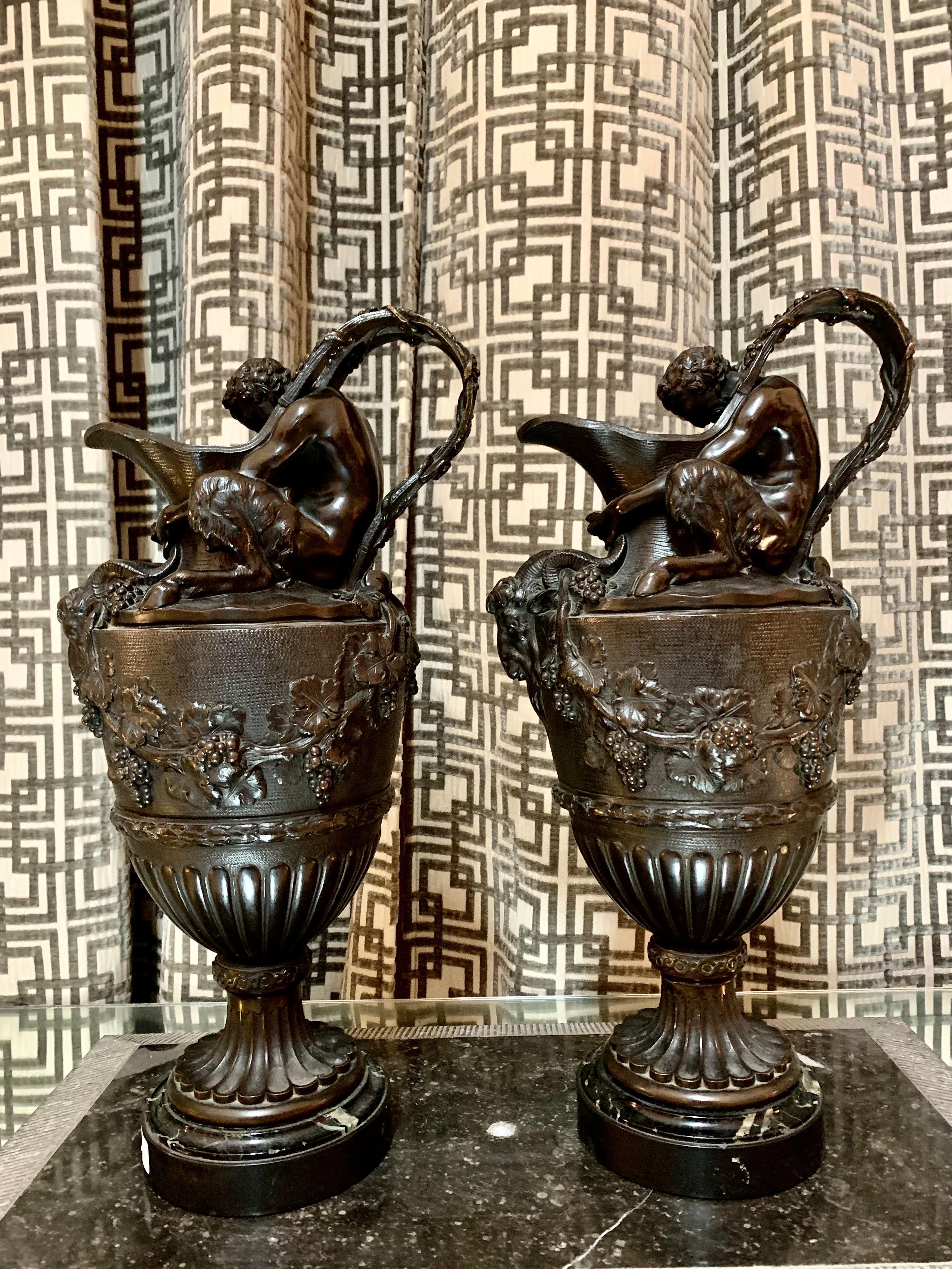 Pair of French Patinated Bronze Vases Urns Clodion Style For Sale 4