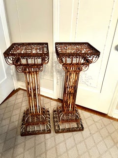Pair of French Patinated Decorative Hand Wrought Iron Pedestals or Plant Stands