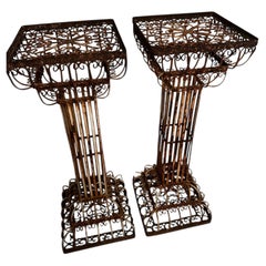 Pair of French Patinated Decorative Hand Wrought Iron Pedestals or Plant Stands