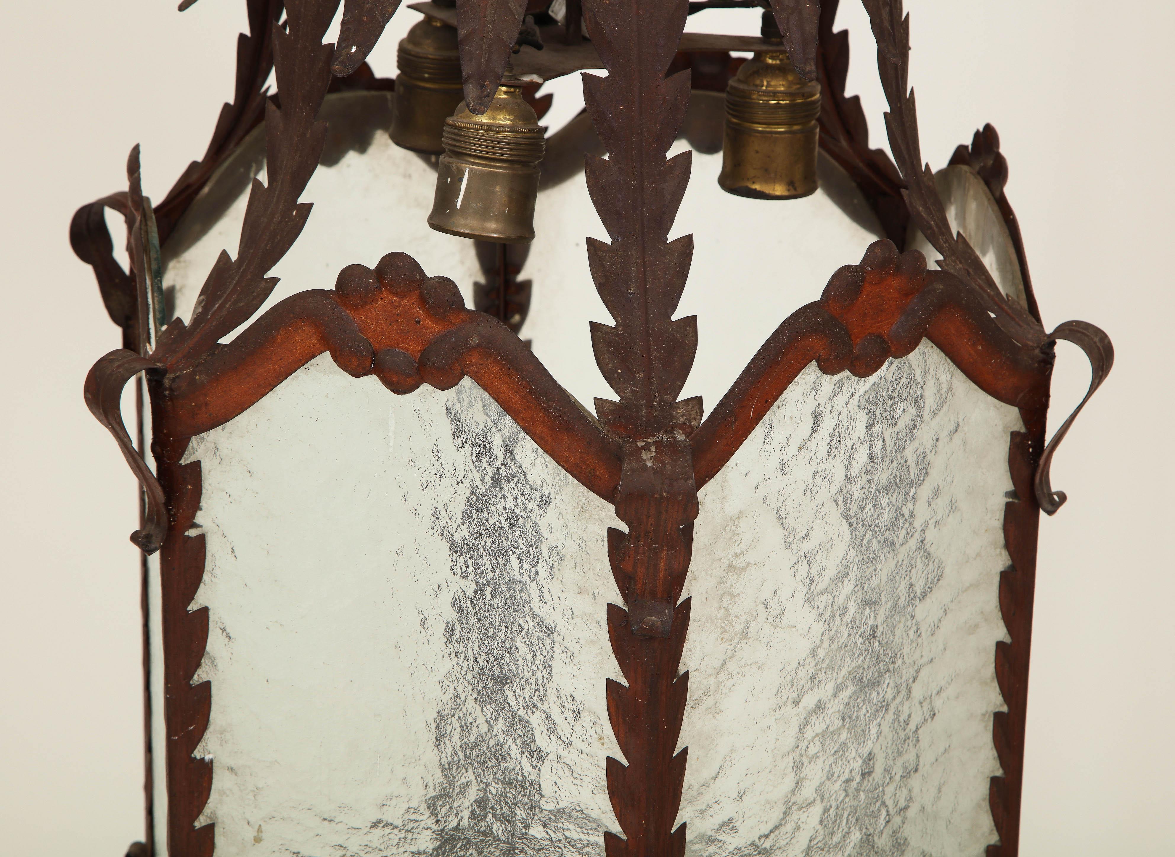 Pair of French Patinated Metal and Wavy Glass Lanterns 2