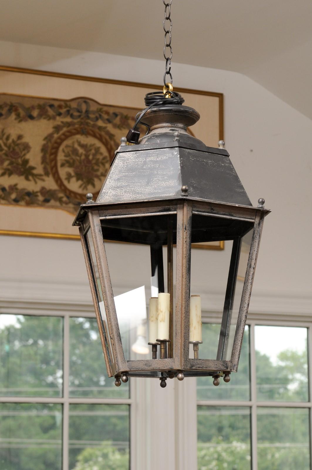 Pair of French Patinated Metal Three-Light Lanterns with Glass Panels, US Wired In Good Condition In Atlanta, GA
