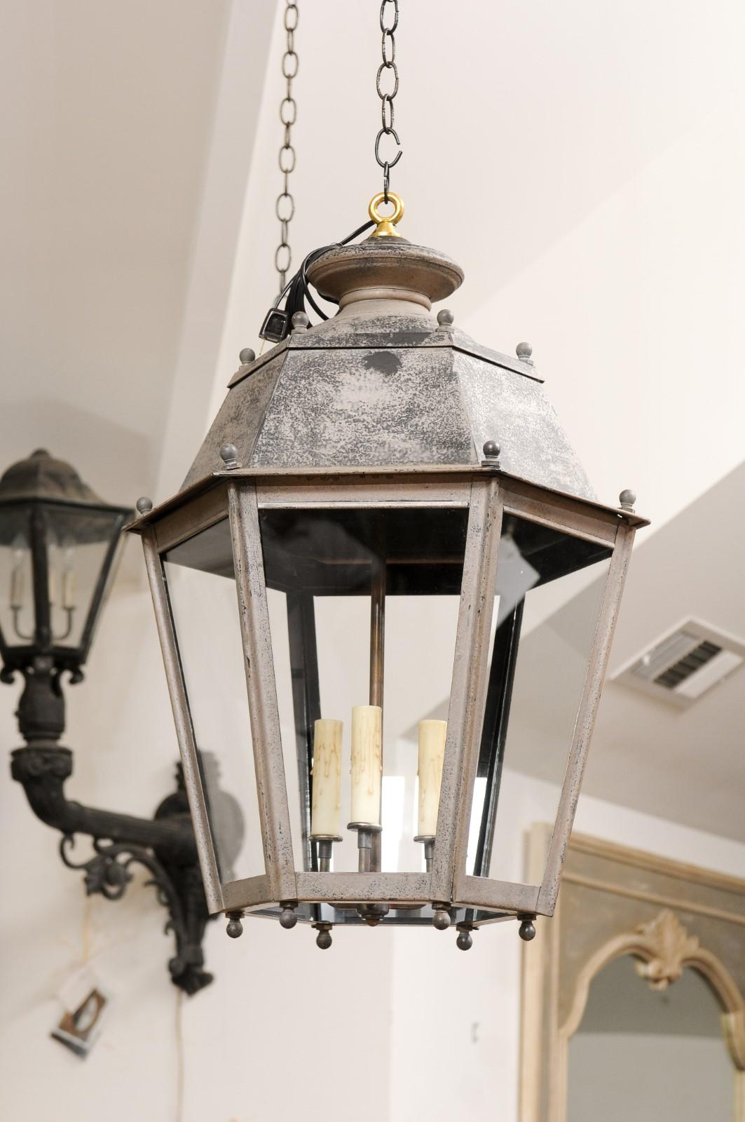Pair of French Patinated Metal Three-Light Lanterns with Glass Panels, US Wired 2