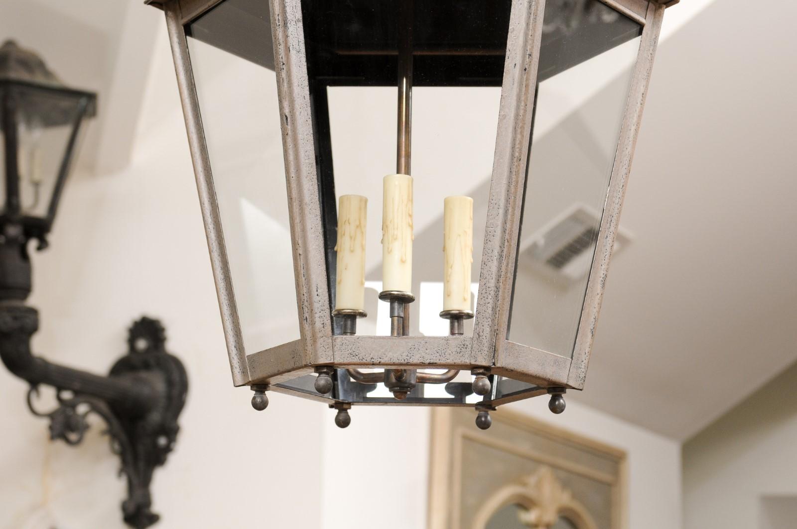 Pair of French Patinated Metal Three-Light Lanterns with Glass Panels, US Wired 4