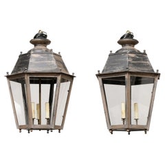 Pair of French Patinated Metal Three-Light Lanterns with Glass Panels, US Wired