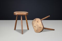 Pair of French Patinated Oak Primitive Stools, France, 1950s