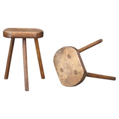 Pair of French Patinated Oak Primitive Stools, France, 1950s