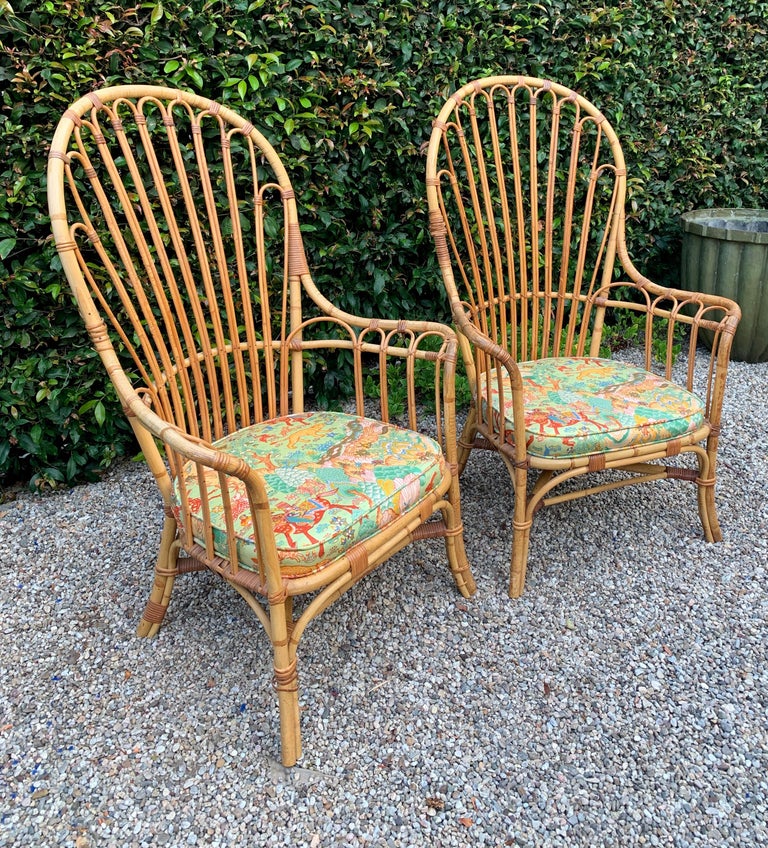 Pair of French Pencil Reed and Bamboo Rattan Wing Chairs For Sale 3