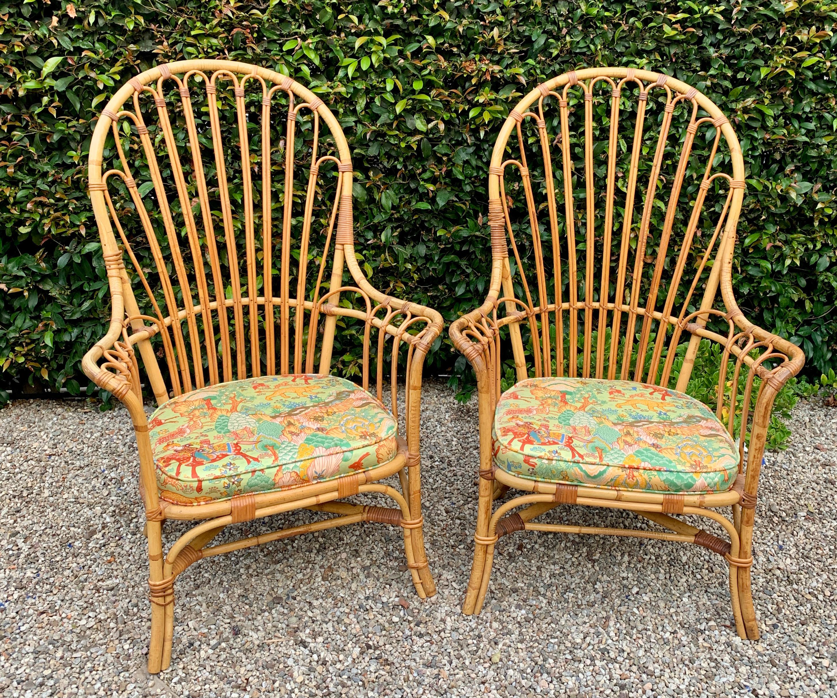 Pair of French Pencil Reed and Bamboo Rattan Wing Chairs 4