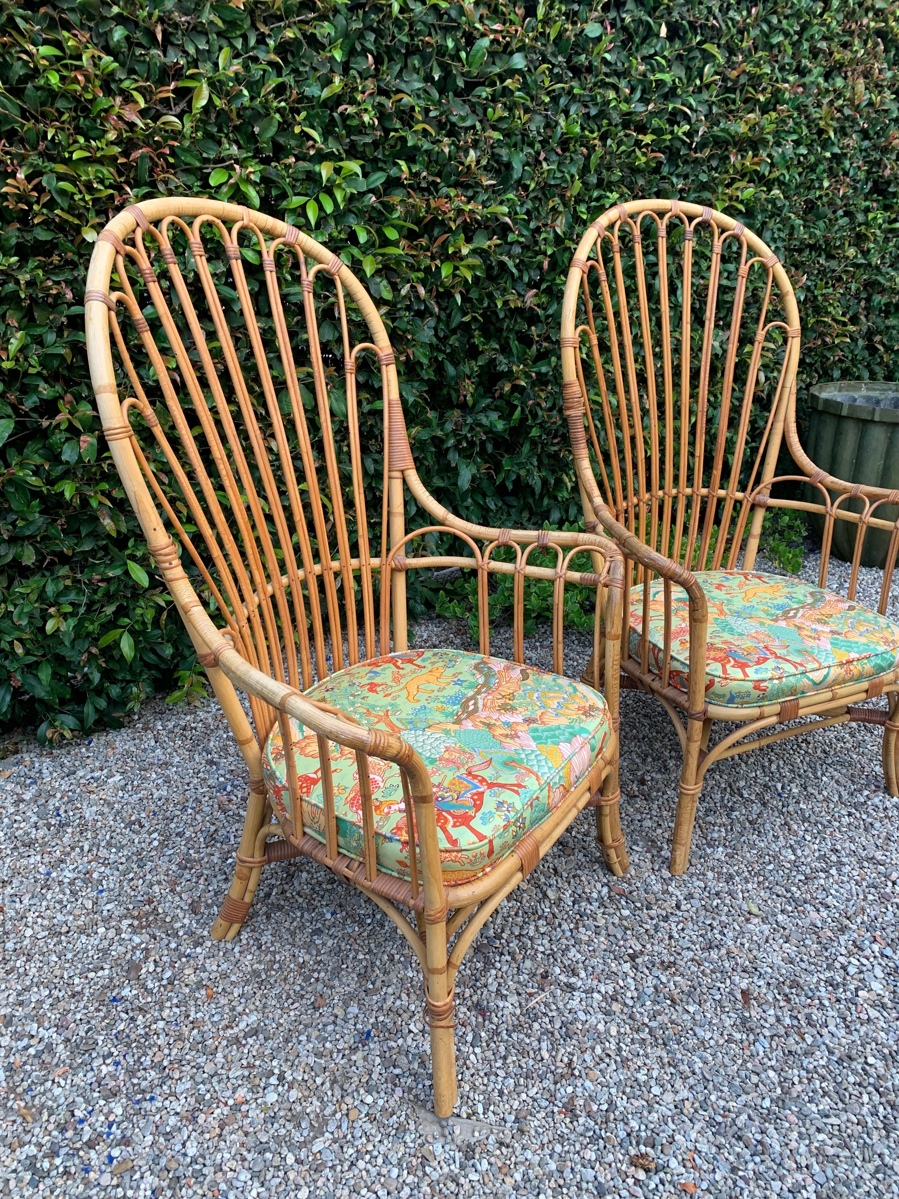Pair of French Pencil Reed and Bamboo Rattan Wing Chairs 5