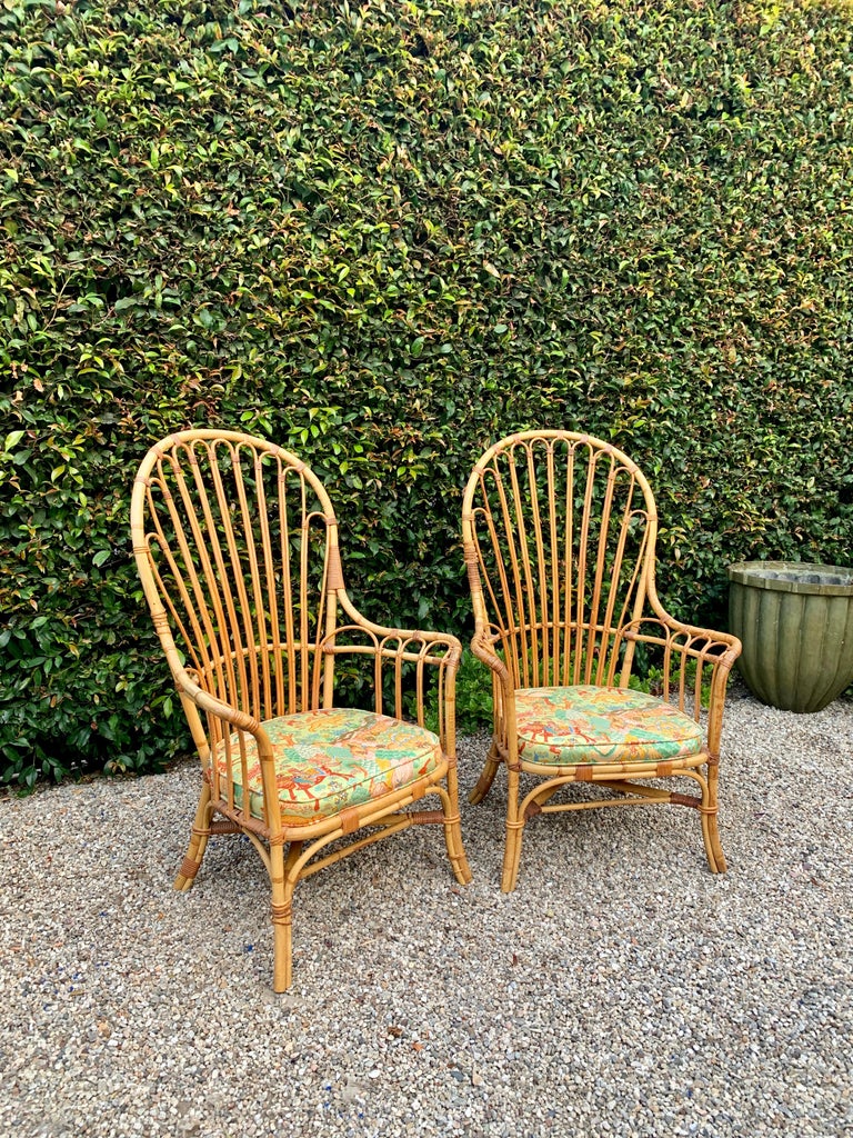 Not only beautiful to look at, but extremely comfortable and inviting. The French Pair compliment any living space, lanai or outdoor setting. The bamboo and rattan are in wonderful vintage condition, the cushions are fun and playful (and easily
