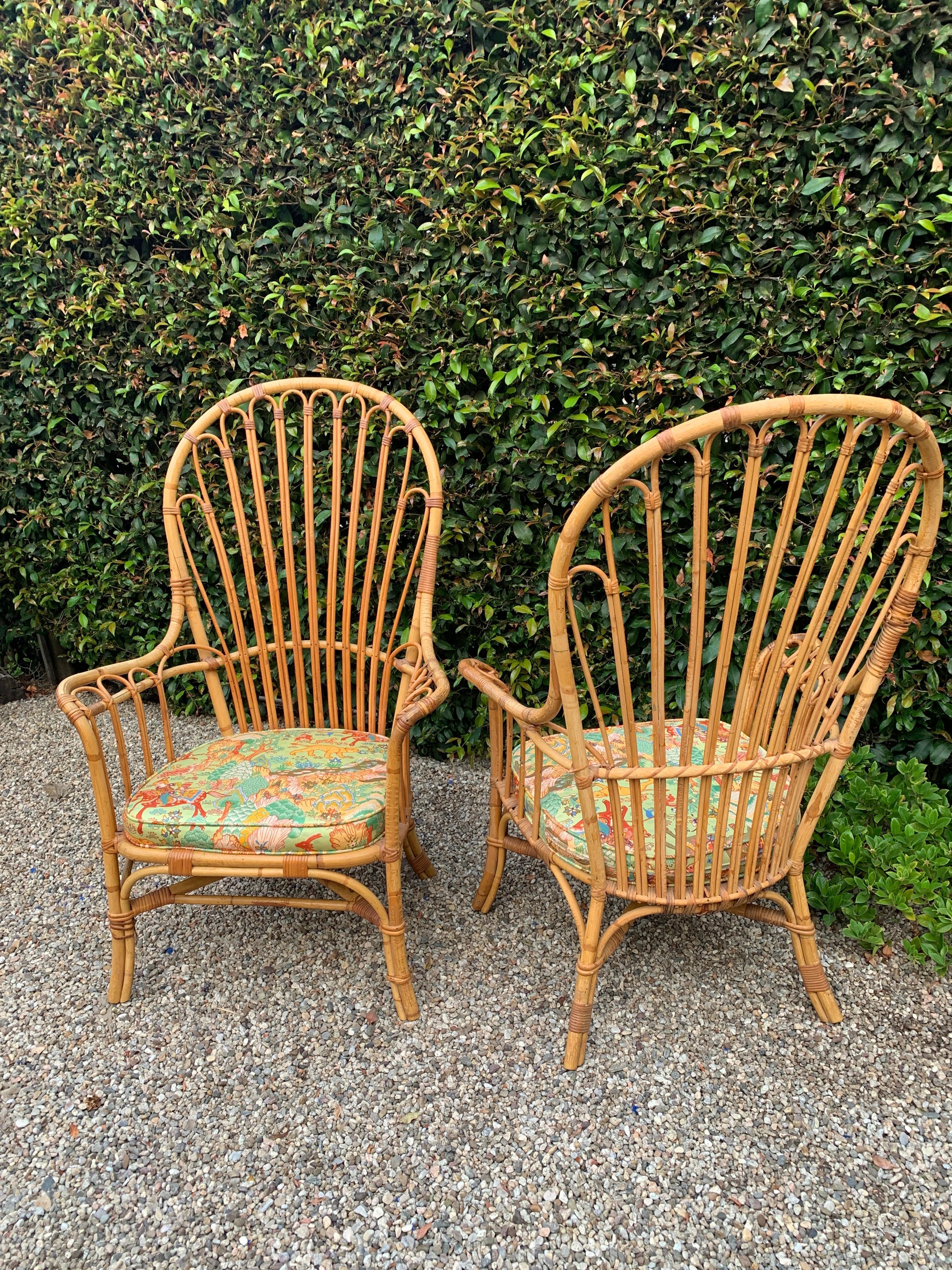 Mid-Century Modern Pair of French Pencil Reed and Bamboo Rattan Wing Chairs