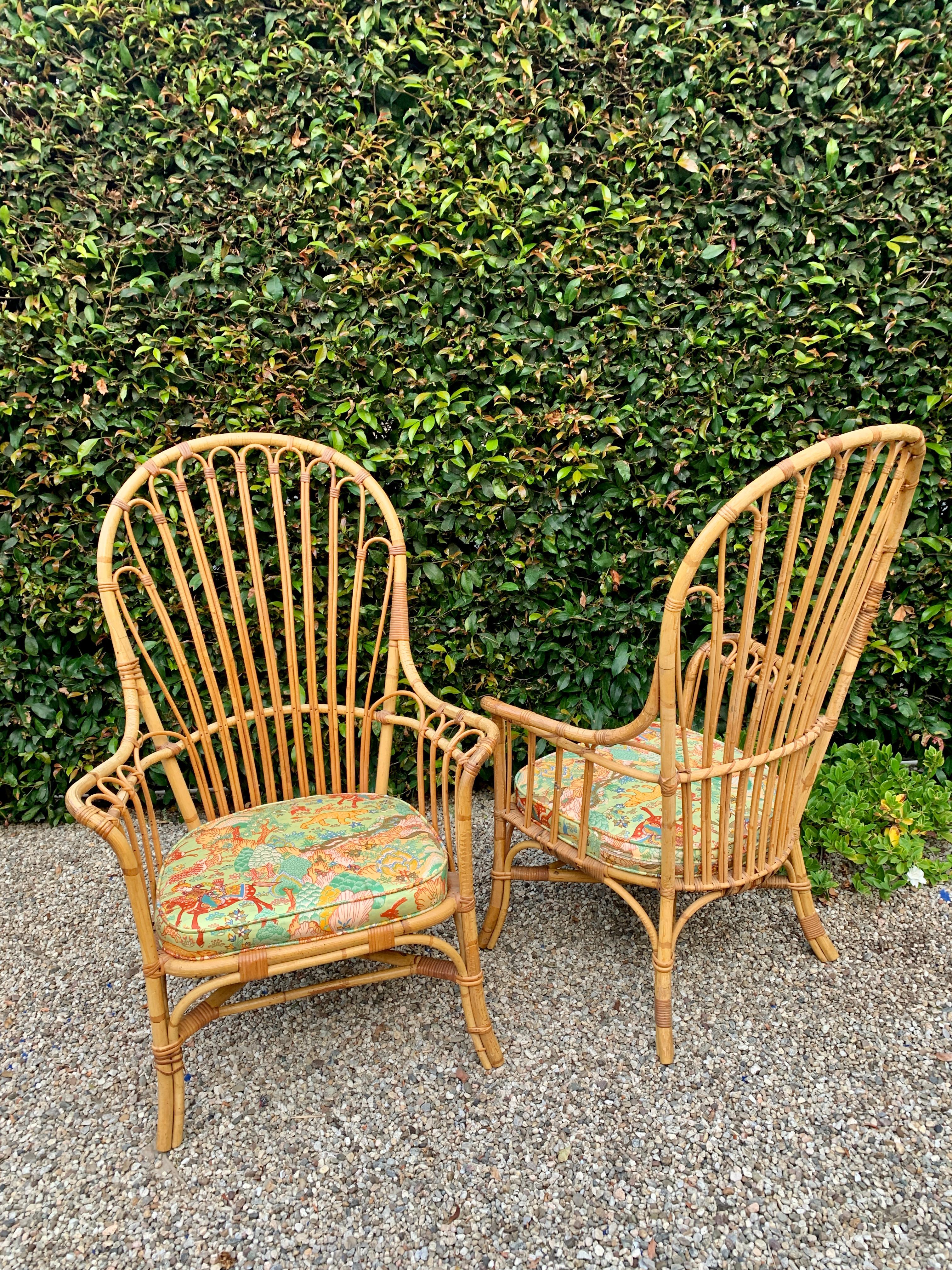 Hand-Crafted Pair of French Pencil Reed and Bamboo Rattan Wing Chairs
