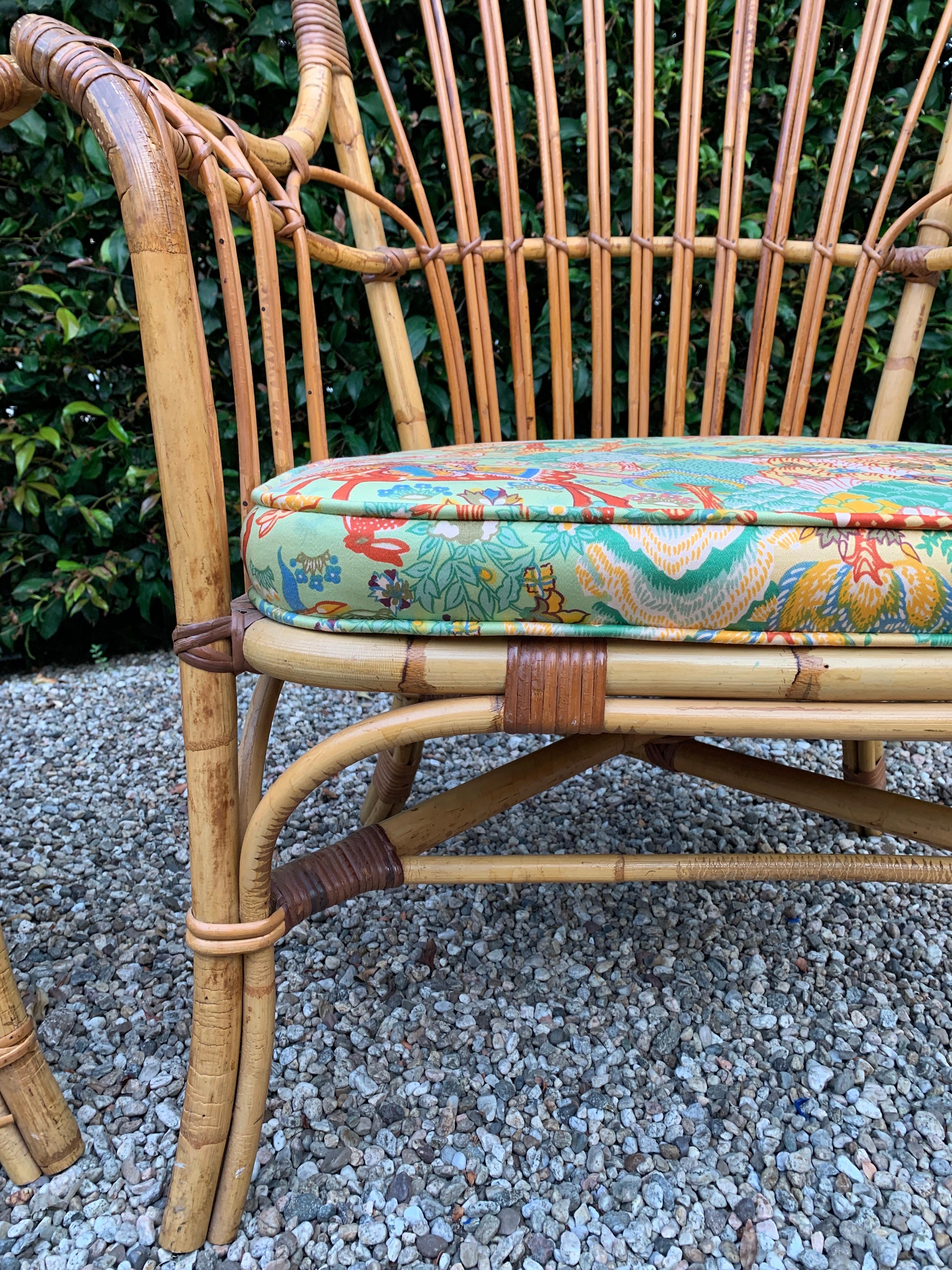 Pair of French Pencil Reed and Bamboo Rattan Wing Chairs In Good Condition In Los Angeles, CA