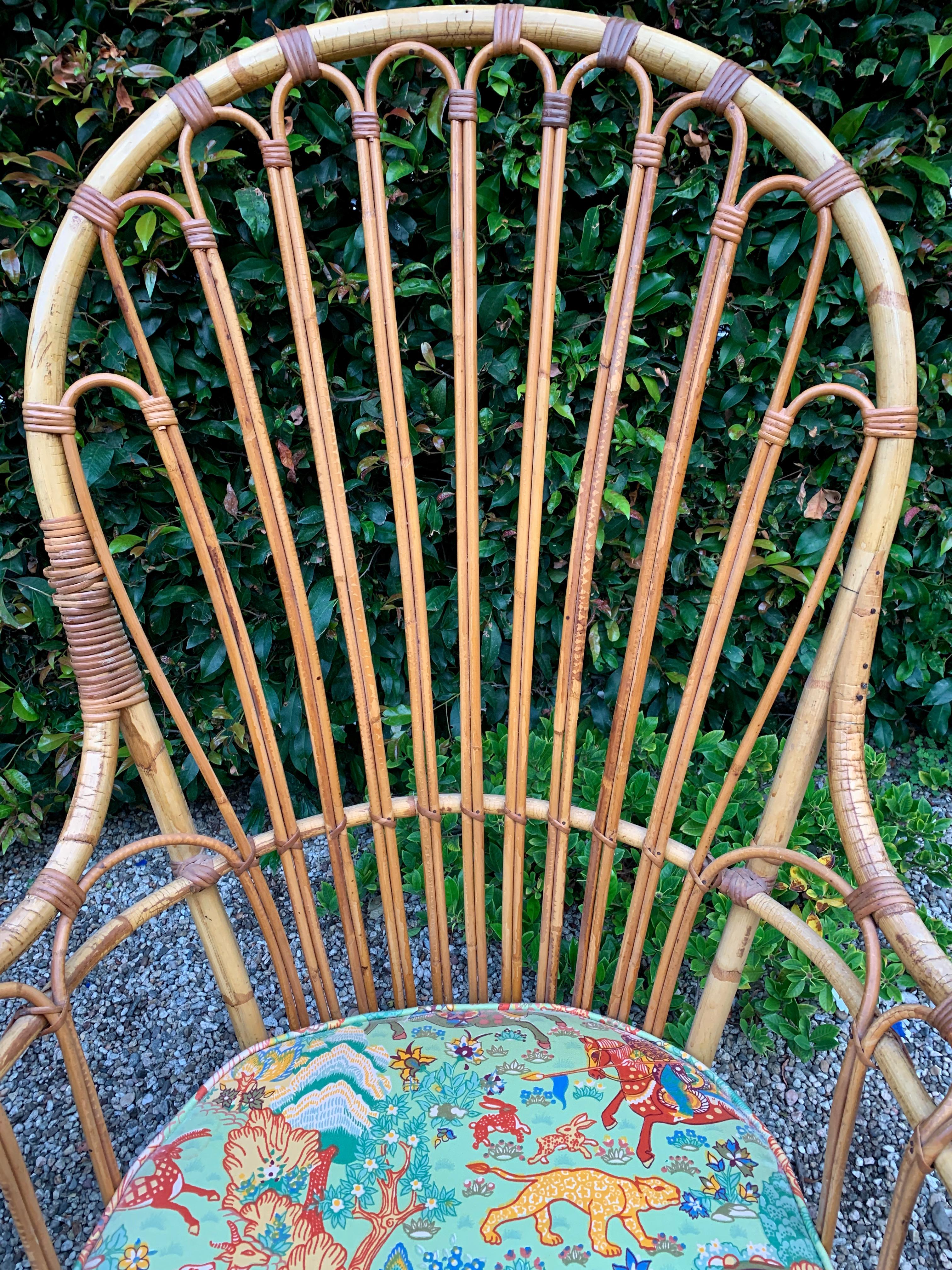 Upholstery Pair of French Pencil Reed and Bamboo Rattan Wing Chairs